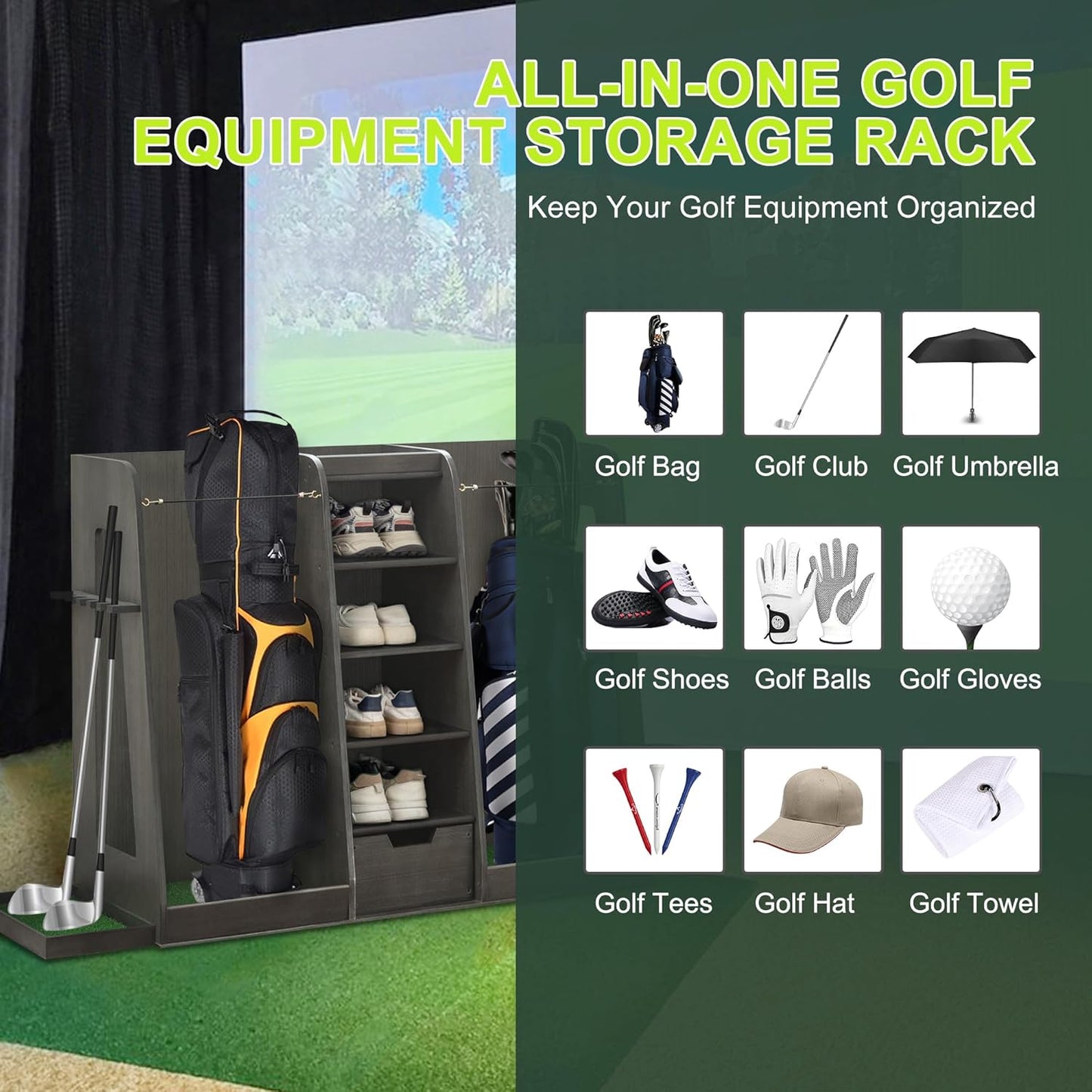 Golf Bag Organizer Storage Rack Large Wooden for 2 Bags, Golf Club Stand Holder with Drawer, Sports Equipment Rack for Garage, Practice Room, Home or Office