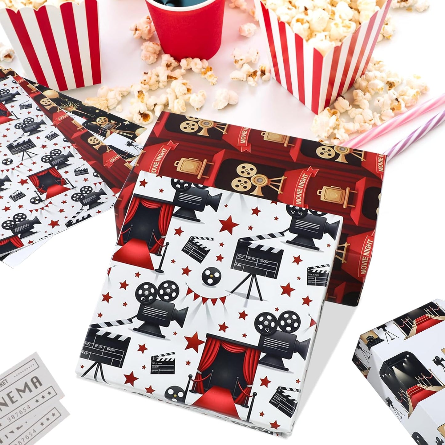 Movie Night Wrapping Paper Cinema Red Carpet Designs Gift Wrap for Party,Film Lovers,Movie Buffs,Theaters,20"×28"