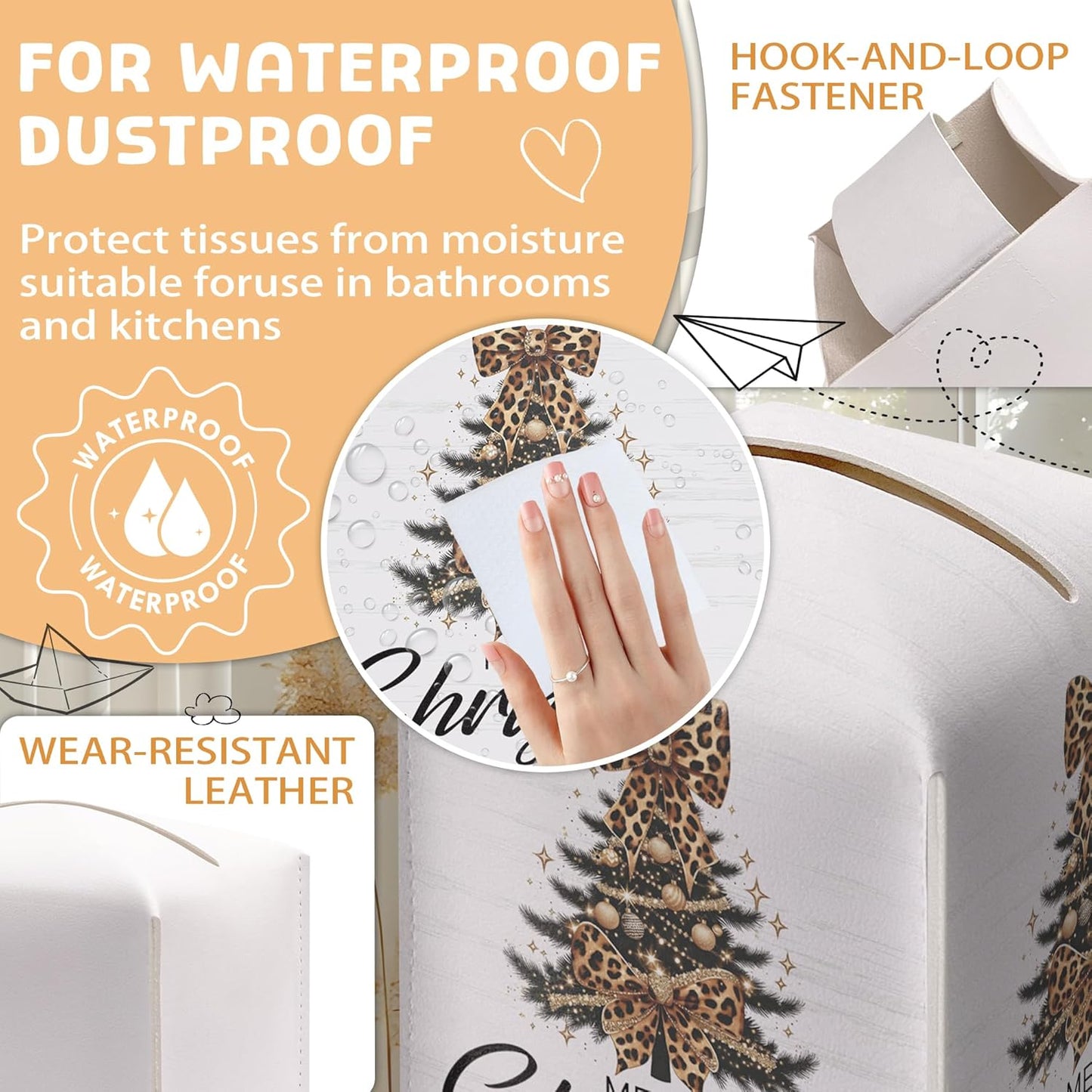 Christmas Tree Tissue Box Holder, Leopard Print Christmas Tree Leather Tissue Box Cover Square, Paper Facial Decorative Tissues Cover for Night Stands Bathroom Office Home Decor-B13