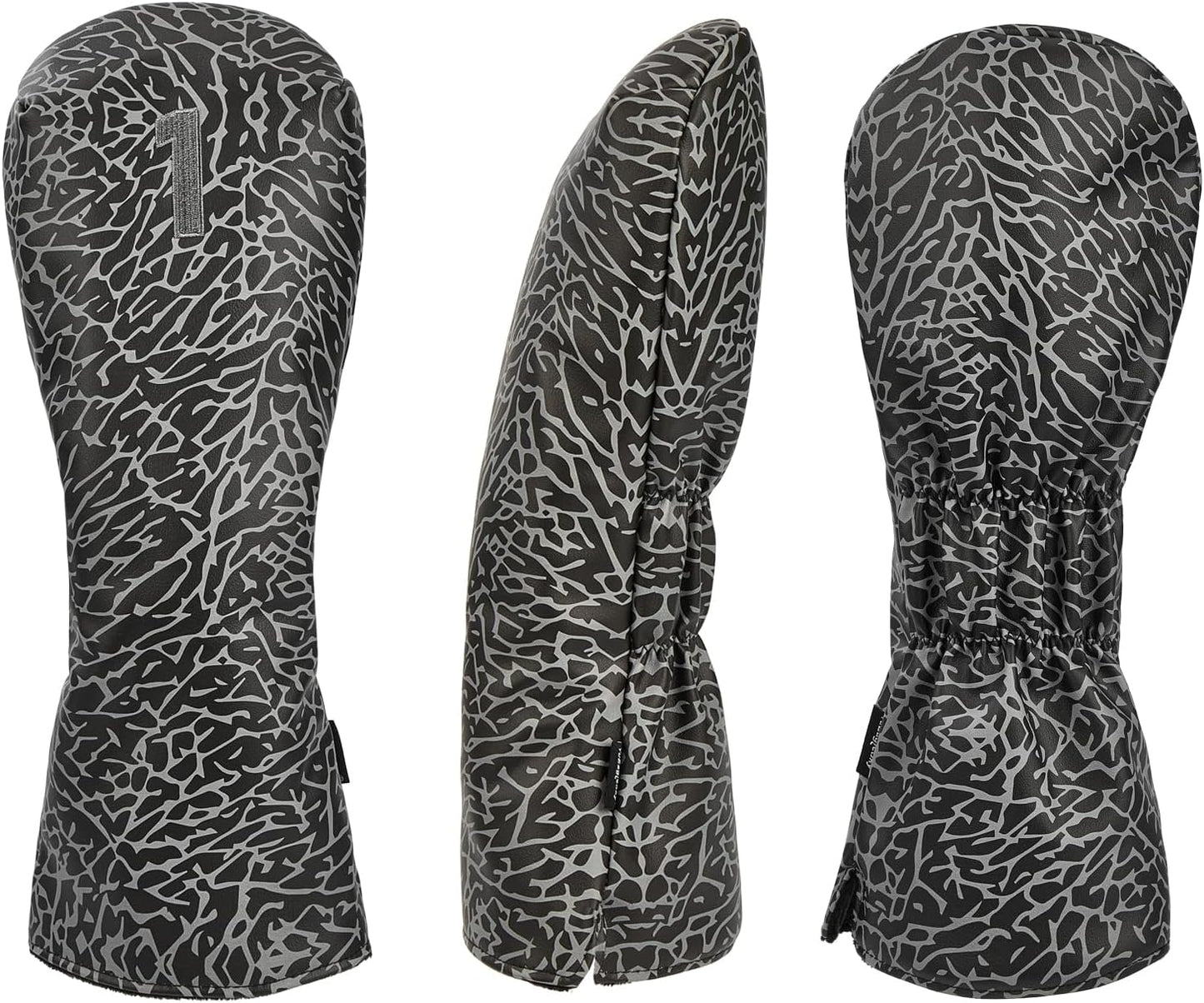 Golf Driver Head Covers 3-Pack for Men & Women - Premium PU Leather with Elephant Embroidery, Double Elastic Band (Driver/Fairway/Hybrid), Waterproof & Durable - White Grey or Black Grey