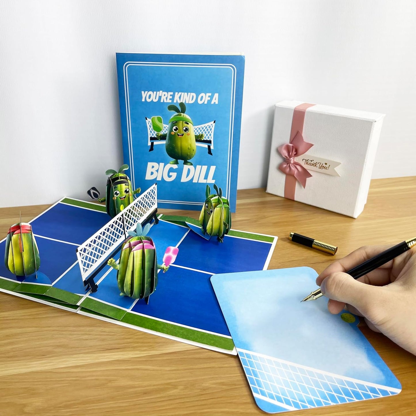 3D Pickleball Popup Card - Funny Handmade Paper Art with Four Pickles Playing for Birthday, Anniversary, Christmas, Father’s Day - Unique Gift for Him, Her, Pickleball Players & Fans
