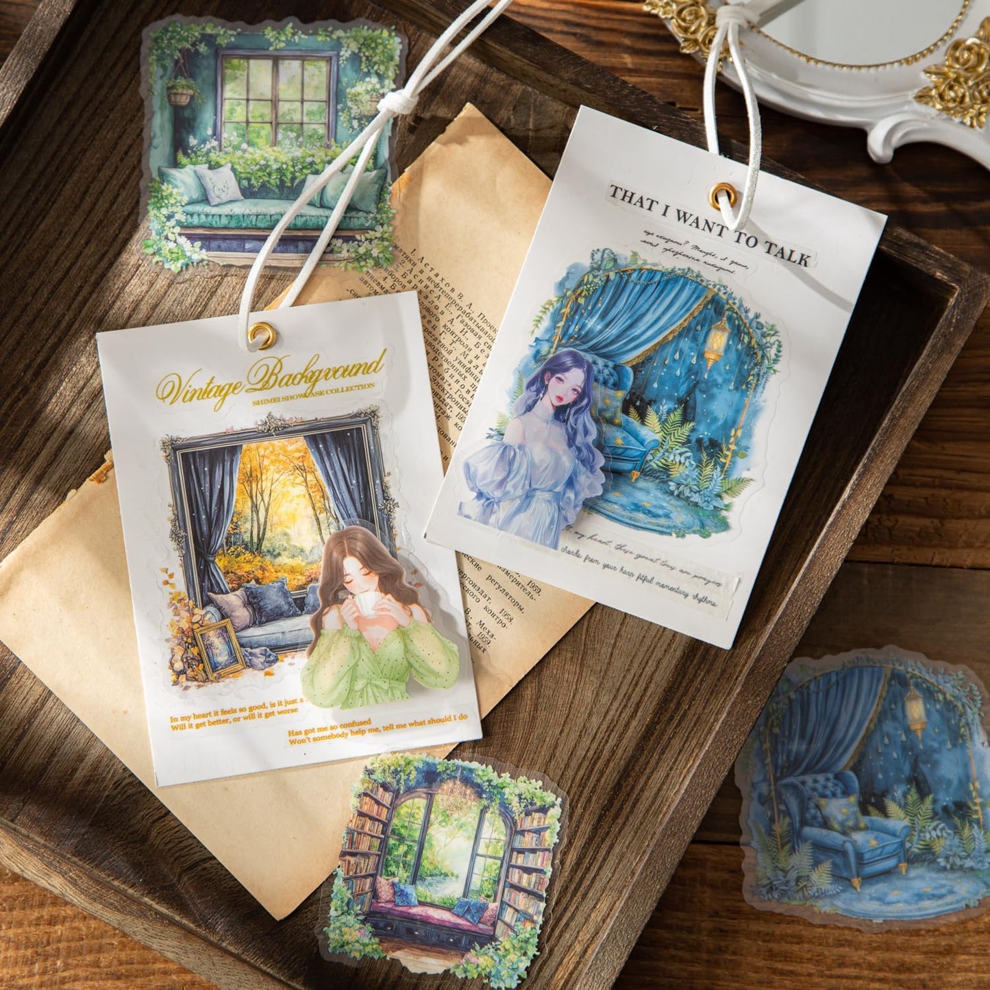 Window Reading Corner PET Sticker Set, 60PCS Cozy Room Scene Stickers for Scrapbooking, Journaling, DIY Crafts and Gift Decoration