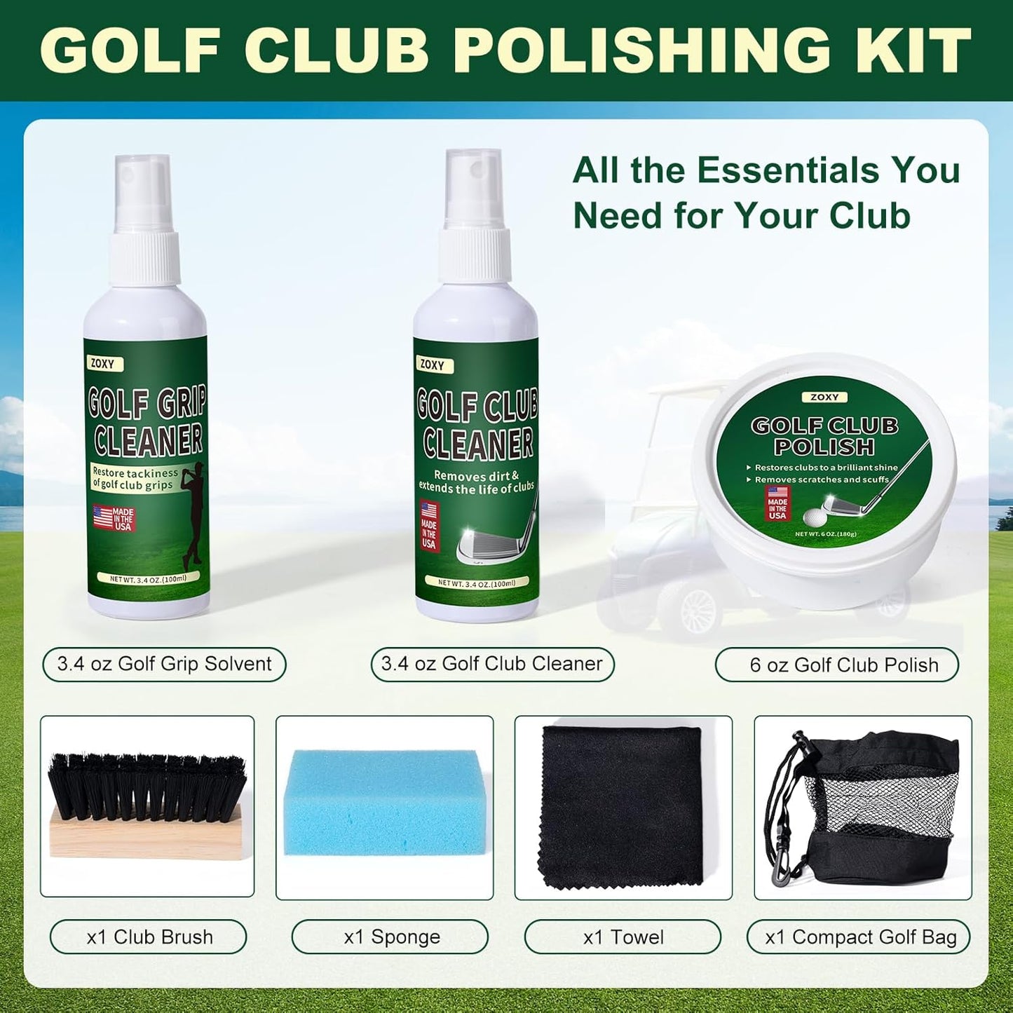 Golf Club Cleaning Kit–Clean, Polish, and Restore Irons, Drivers, Putters, Instant Rust, Buildup, Scuff–Golf Club Polishing Kit with Golf Club Cleaner, Polish, Solvent–Golf Accessories