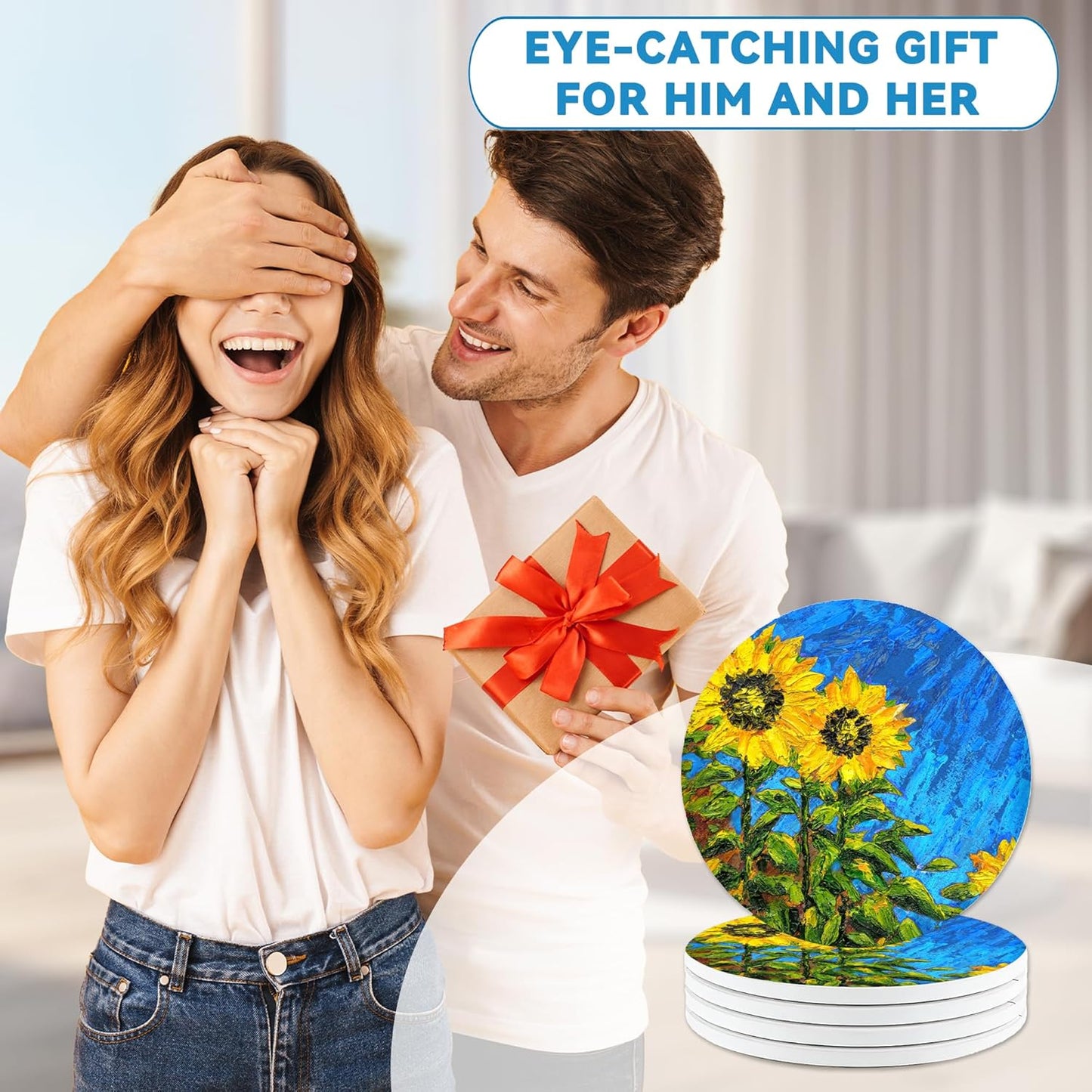 Drinks Coasters Set of 4, Sunflower Oil Painting Round 4" Cup Coasters, Absorbent Ceramic Stone Coasters with Cork Base, Cute Coasters for Table Home Décor, Ideal Gifts for Women Men