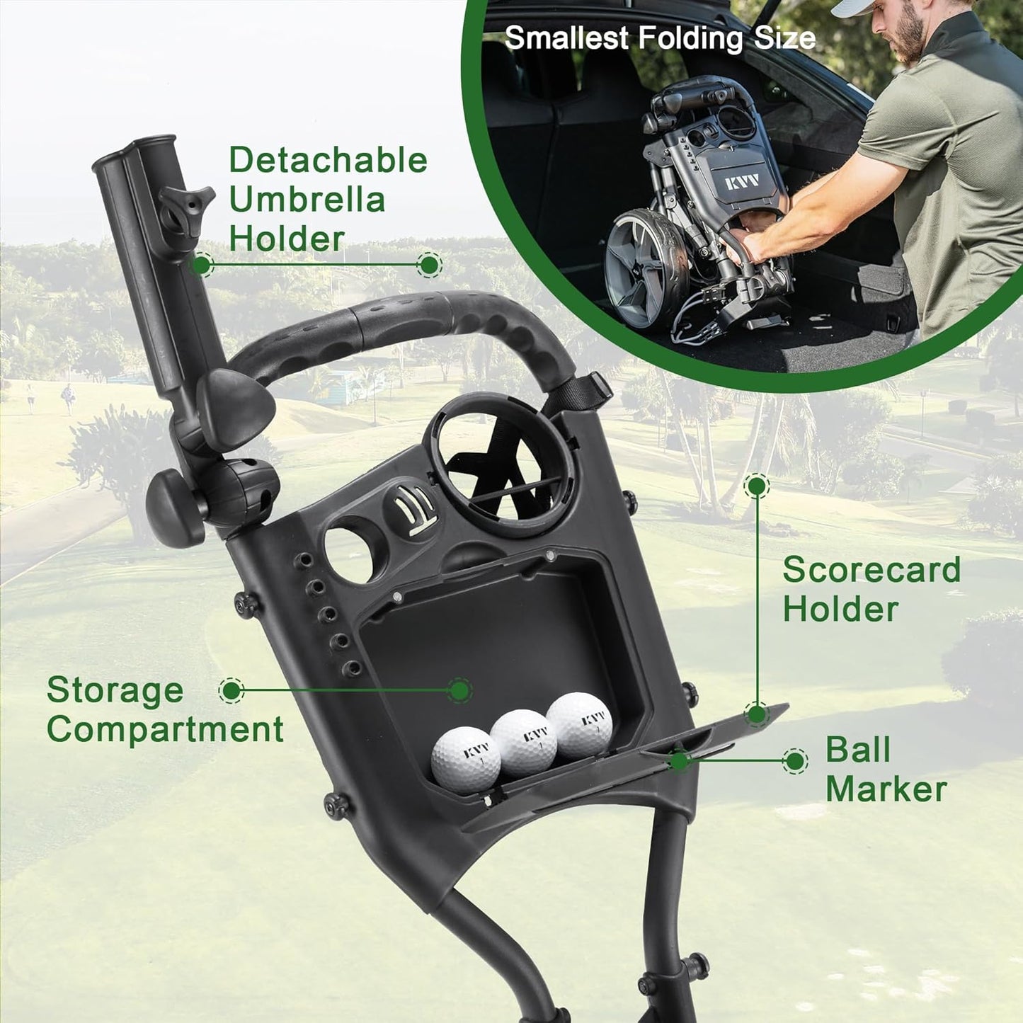 KVV 3 Wheel Golf Push Cart Ultra Lightweight Smallest Folding Size, New-Version Scorecard Holder