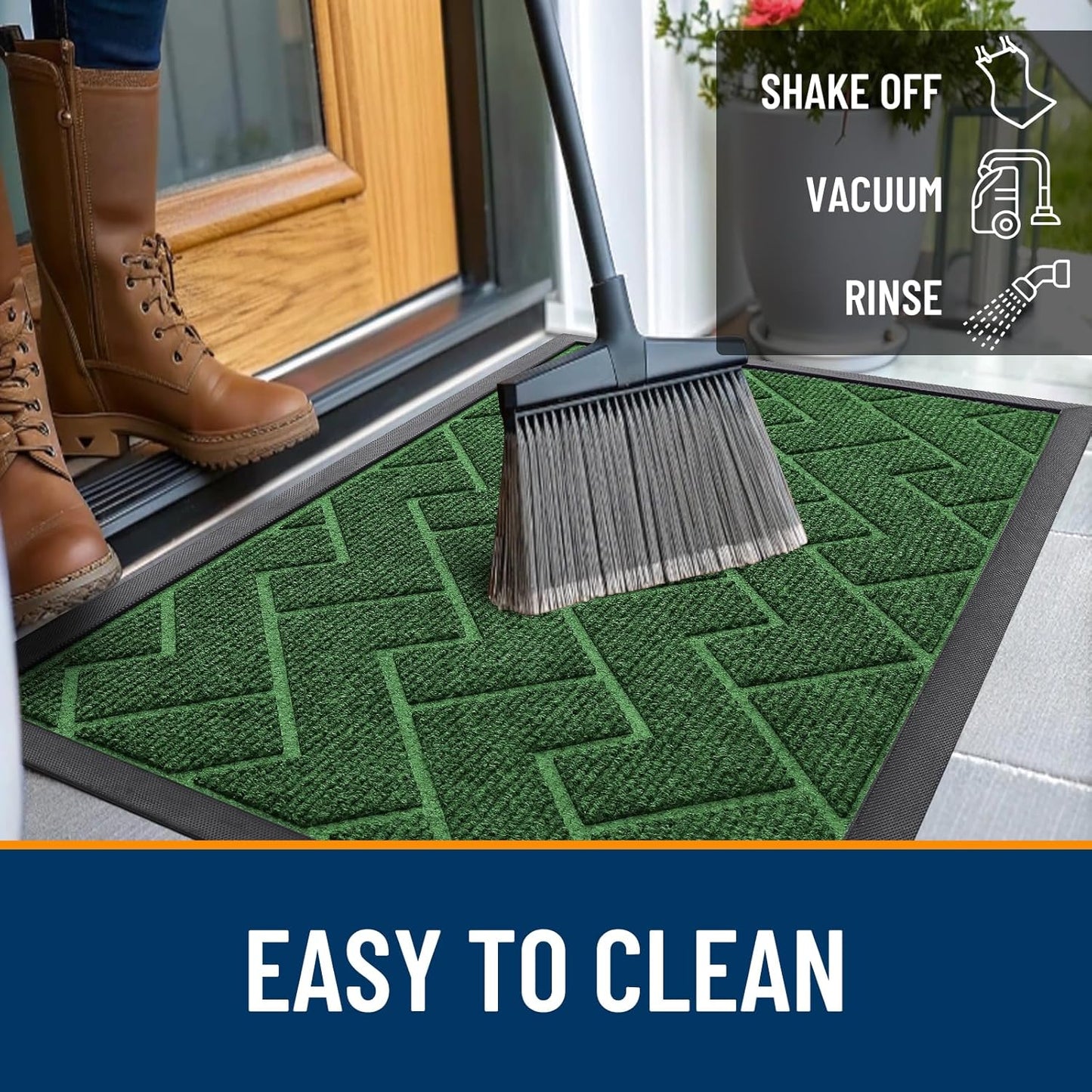 OLANLY Front Door Mat Indoor Outdoor Entrance, Waterproof All-Season, All-Weather Doormat, Sturdy Natural Rubber, Low Profile, Easy Clean Patio Porch Entryway Mat, Herringbone Brick (Green, 35x23)