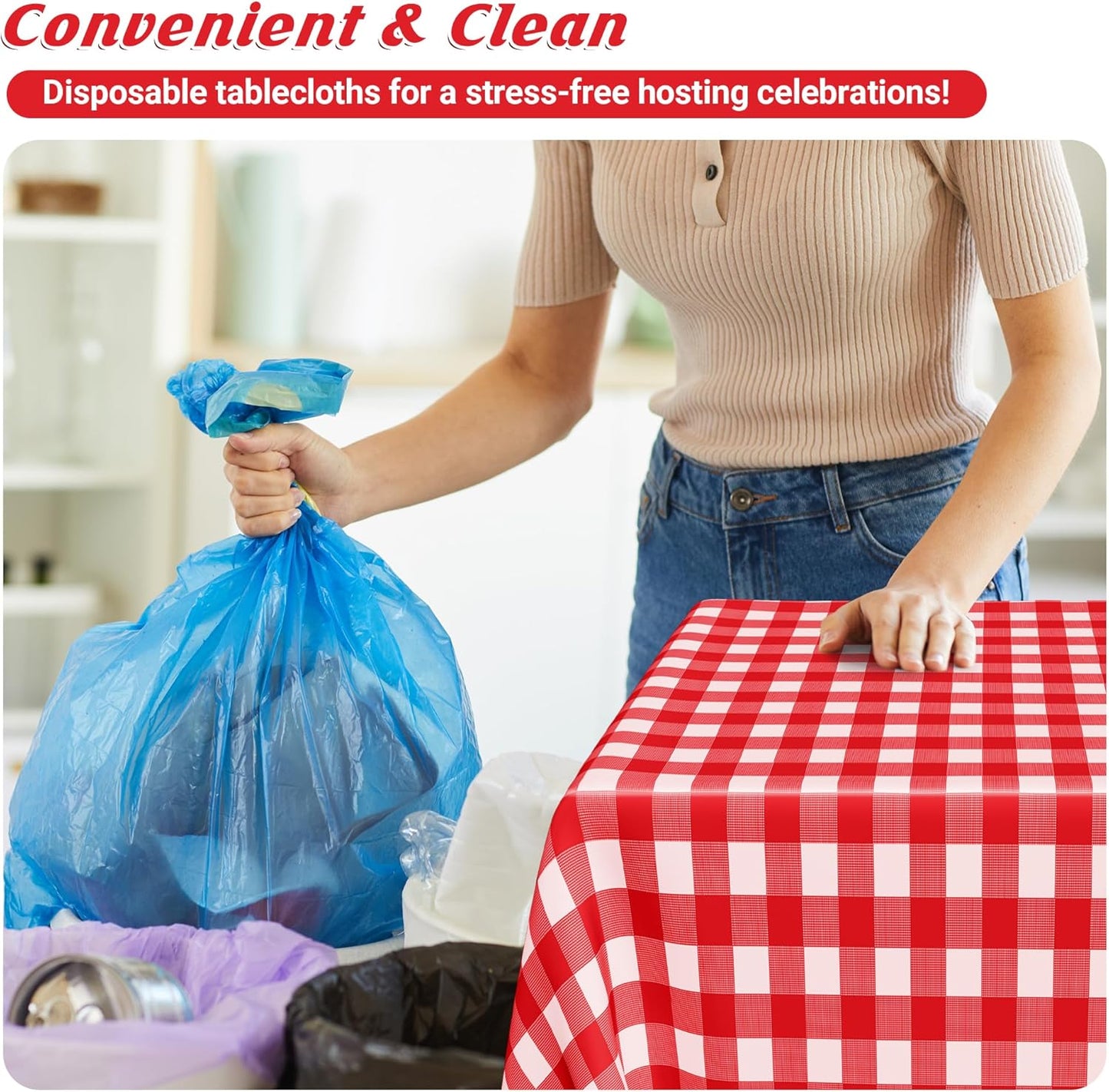 12Pack 54" x 108" Table Cloth Rectangle Table, Waterproof Plastic Table Cloth Ddisposable, Red and White Checkered Tablecloth Table Cover for Outdoor Picnic Birthday Party Gathering BBQ Holiday Dinner