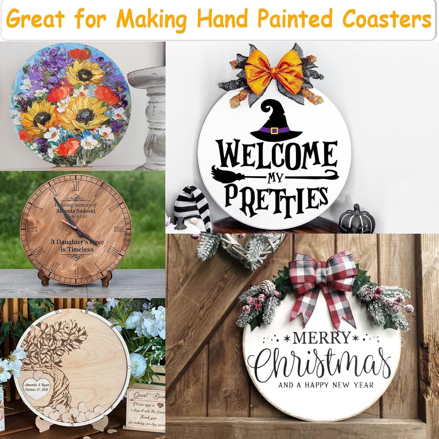 12 Inch Wood Circles for Crafts, 10Pcs Unfinished Wood Rounds with Holders for Cricut Projects, Burning, Painting, Door Hanger, DIY Wooden Crafts Holiday Christmas Thanksgiving Day Home Decor(10PCS)