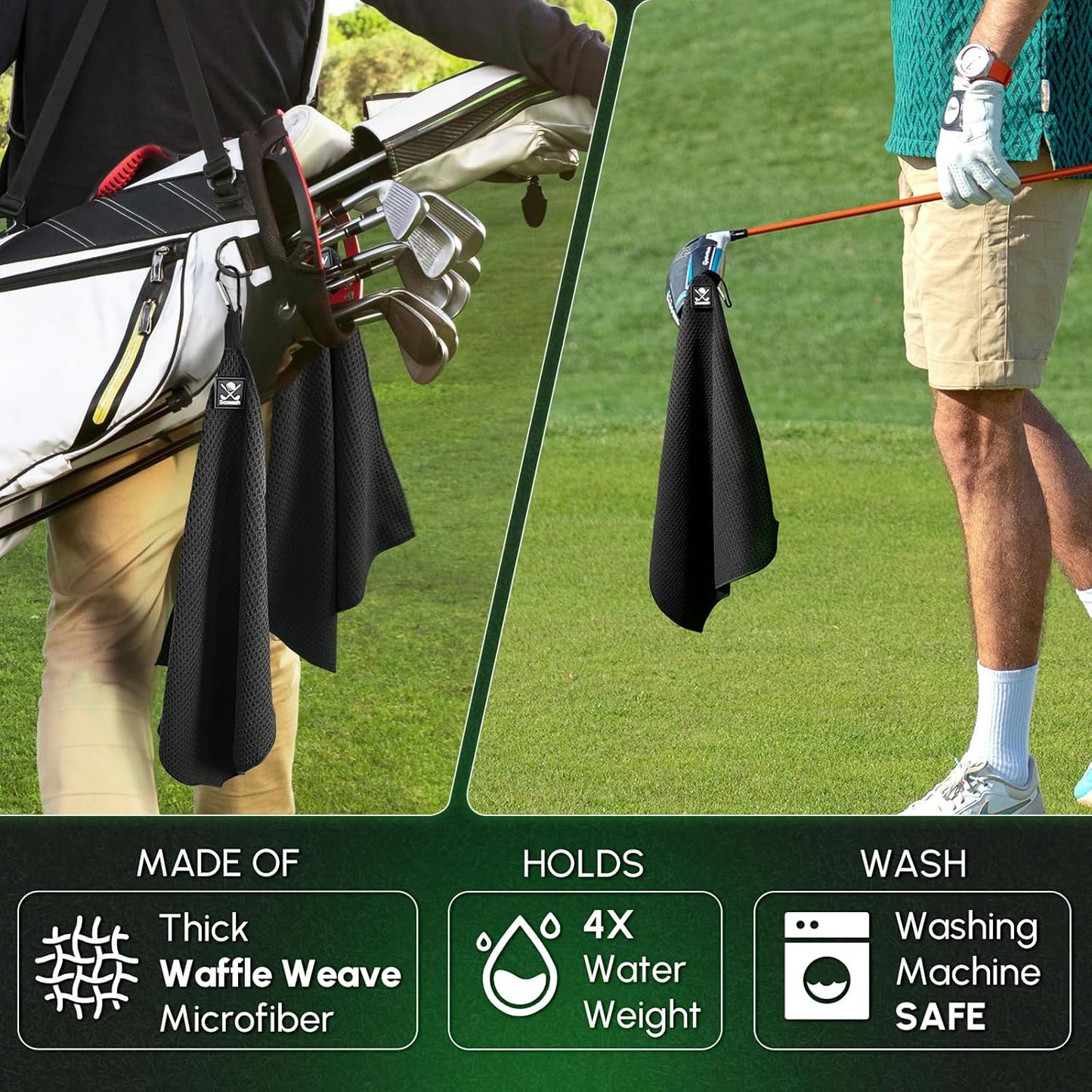 Magnetic Golf Towel 2-Pack, 18x18 Inch Microfiber Waffle Design with Strong Magnet - Golf Towels for Golf Bags/Carts, Quick-Dry & Ultra Absorbent(Black)