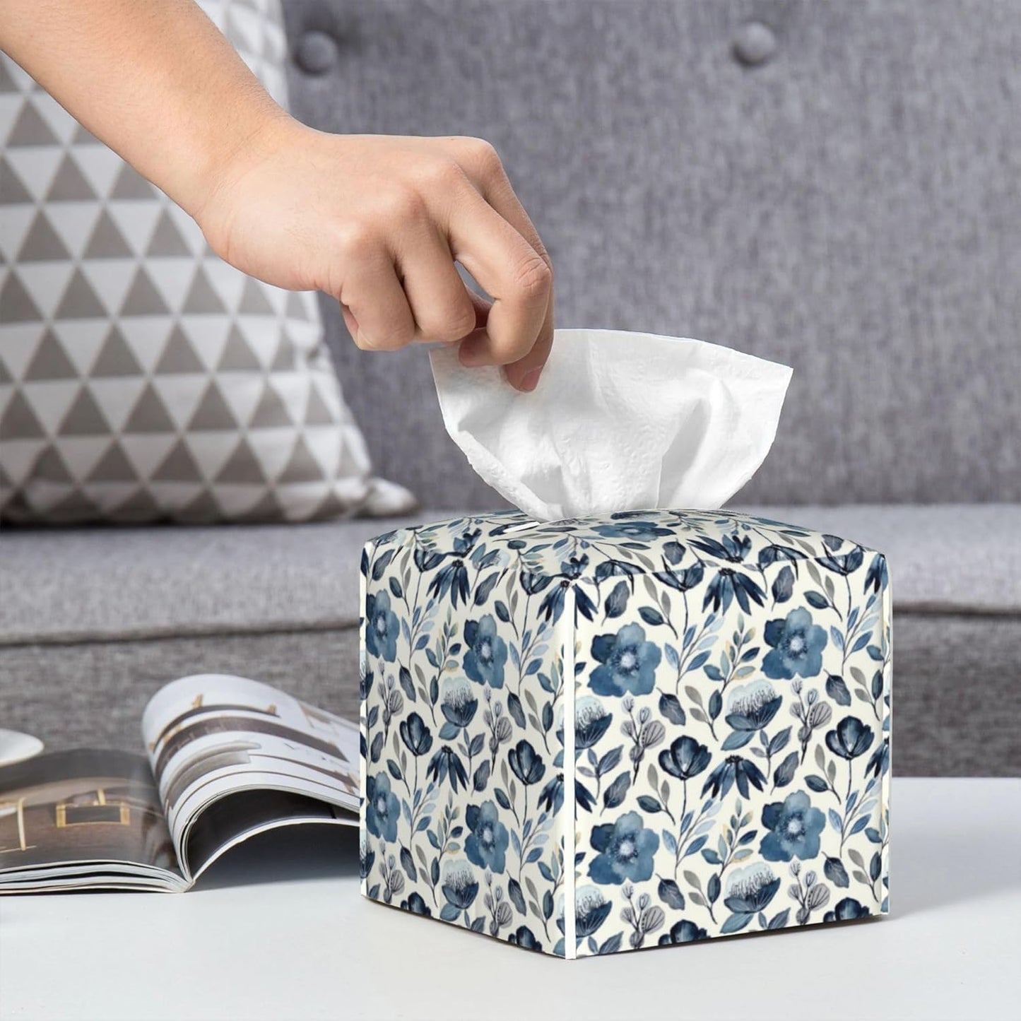 Watercolor Blue Floral Tissue Box Cover Square,Blue Flowers and Leaves Tissue Box Holder Waterproof Leather Facial Paper Organizer Dispenser for Bathroom Home Car Nightstand Vanity Desk