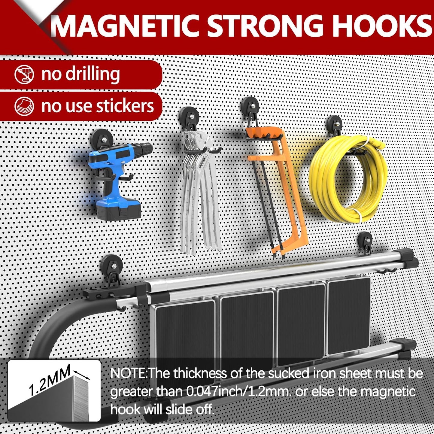 3-H Heavy Duty Magnet Garage Hooks 2 Pack, Extra Large Strong Magnetic Hooks for Hanging Cordless Power Drill, Utility Magnetic Tool Holder for Metal Cabinet, Steel Pegboard, Toolbox, Garage(Black)