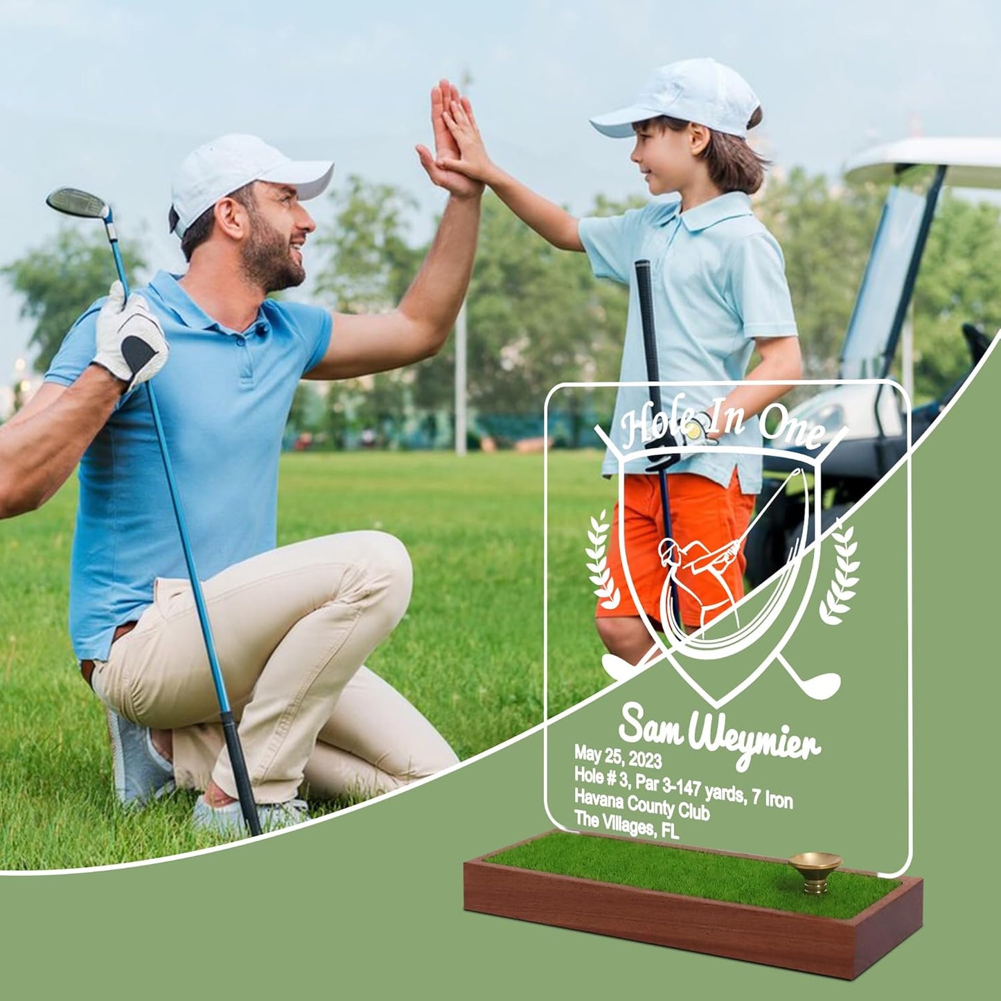 Hole in One Golf Ball Display Case, CoolGift Mart Personalized Light Up Golf Ball Holder Memorabilia Display and Storage, Wooden Acrylic Accessories with Warm White Color Lights, Gift for Golfers