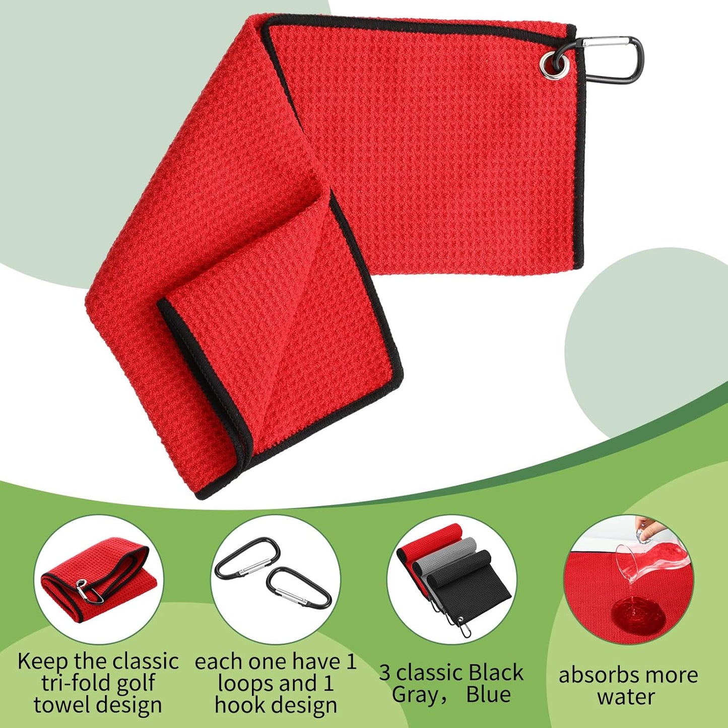 Batiyeer 30 Pcs Bulk Golf Towels for Golf Bags 16'' x 16'' Microfiber Fabric Golf Towel Waffle Pattern with Clip for Bags Men Mini Tournament Fitness Yoga Camping(Black, Gray, Red)