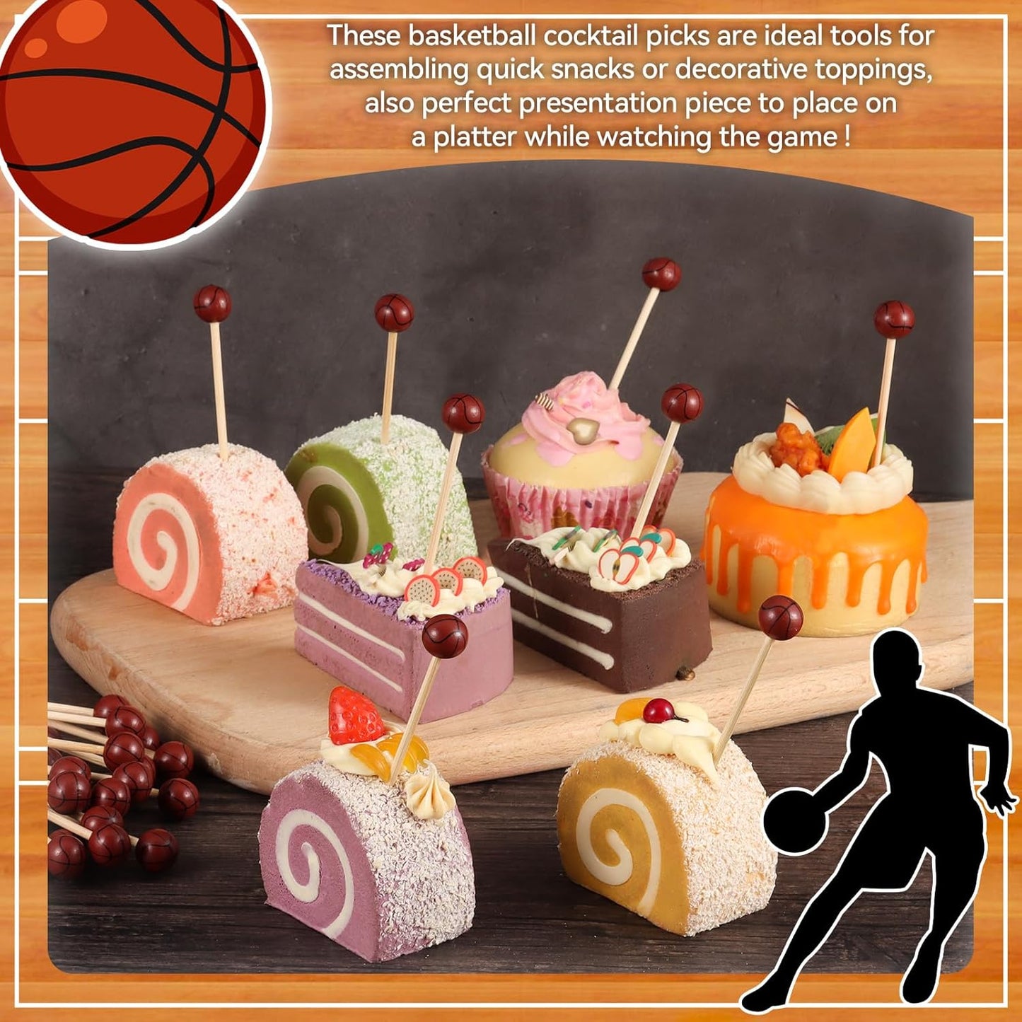 100Pcs Basketball Cocktail Picks 4.7 Inch Decorative Sports Ball End Toothpicks for Appetizers Bamboo Cocktail Sticks Skewers for Drinks, Fruits, Desserts, Charcuterie(Basketball)