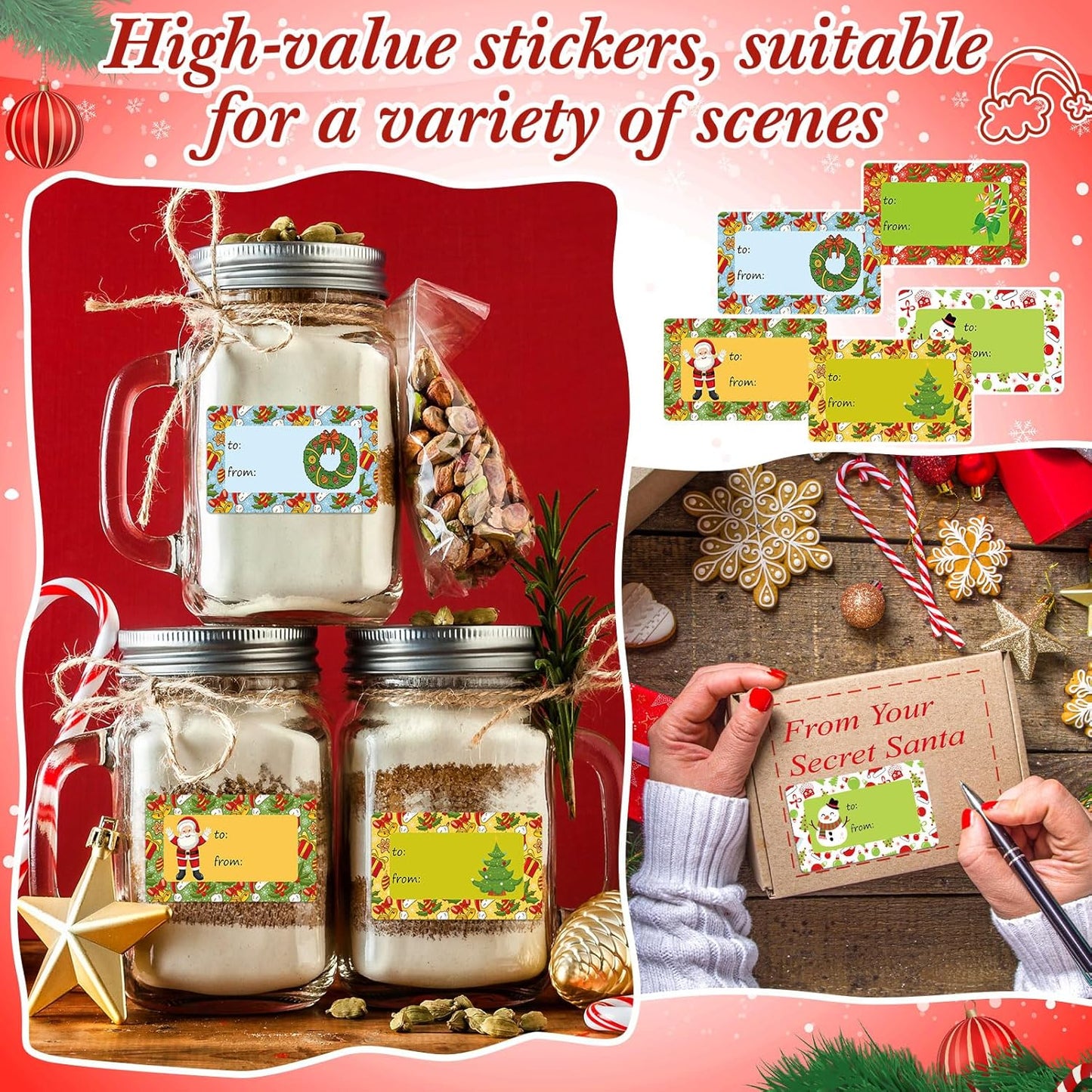 Outus 500 Pieces Christmas Tags Self Adhesive Gift Tags for Xmas Presents Christmas Name Labels Stickers for Wrapping Paper Festival Birthday Holiday Decor(Chic Style,2.76 x 1.57 Inch)