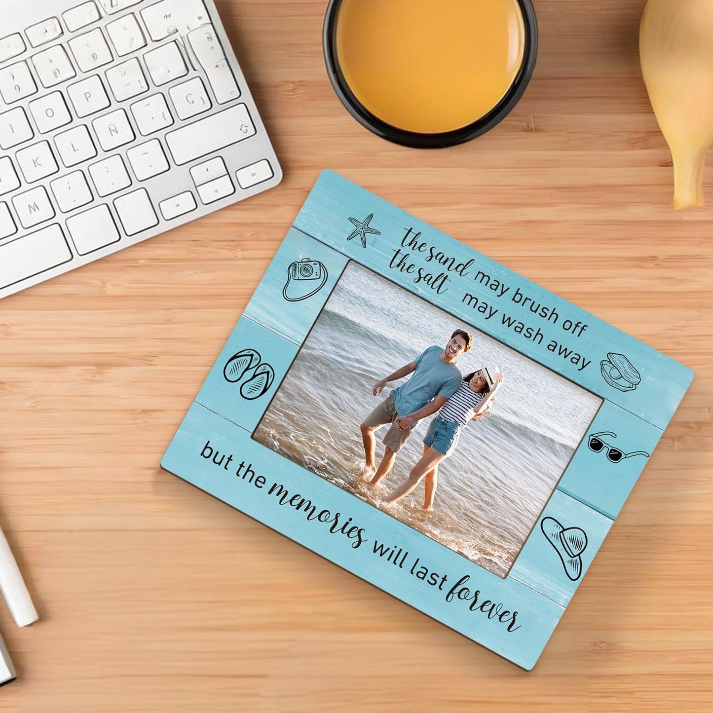 Beach Picture Frame 5x7, Coastal Photo Frame, Beach Vocation Gifts for BeachLovers Women, The Memories will Last Forever Nautical Holiday Wooden Picture Photo Frames for Desk Home Room Decor