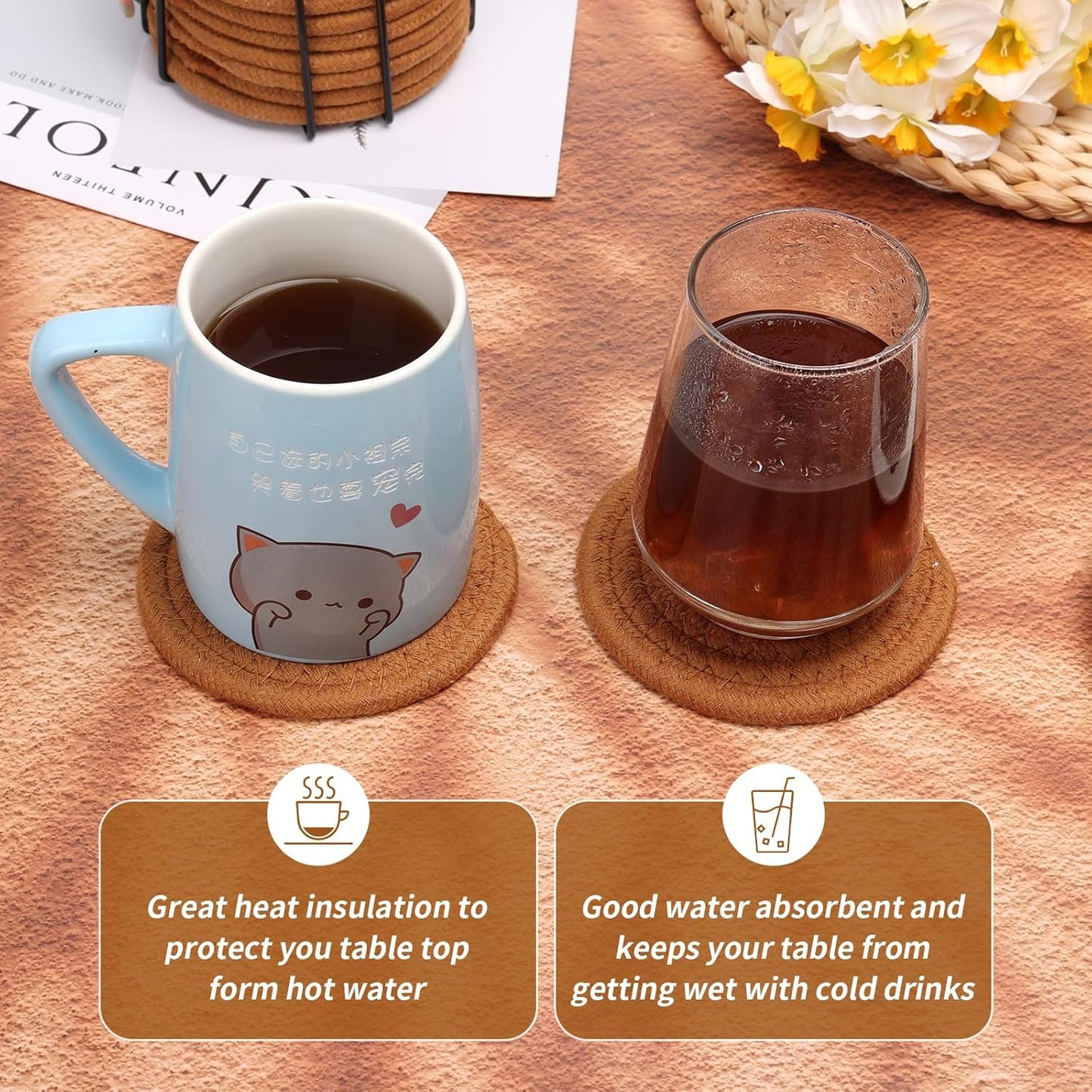 Mckanti 10 Pack Drink Coasters with Holder, Absorbent Coasters for Coffee Table, Minimalist Cotton Woven Coaster Set for Home Decor Tabletop Protection Suitable for Kinds of Cups, 4.3 Inches.