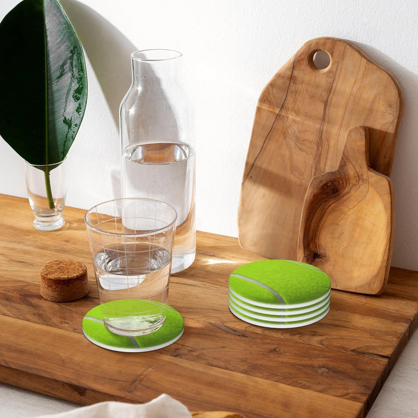 Tennis Ball Coasters for Drinks Set of 4, Absorbent Ceramic Drink Coasters for Coffee Table Wooden Table Cup Bar, 4 Inches