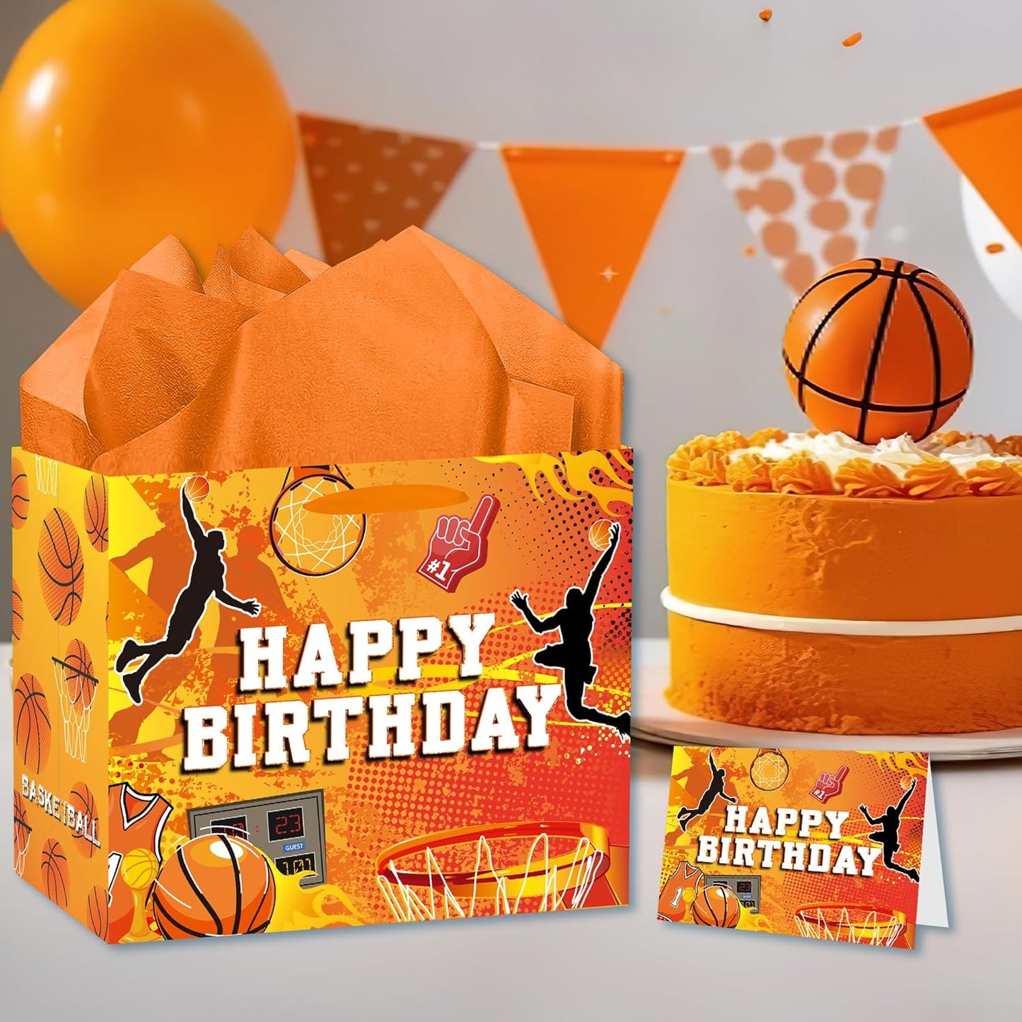 EoBeCy Basketball Birthday Gift Bags with Handles, Tissue Paper and Card, Orange Happy Birthday Wrapping Paper, Large Basketball Gift Bags for Teen Boys Girls Kids Men Sports Themed Party Favors