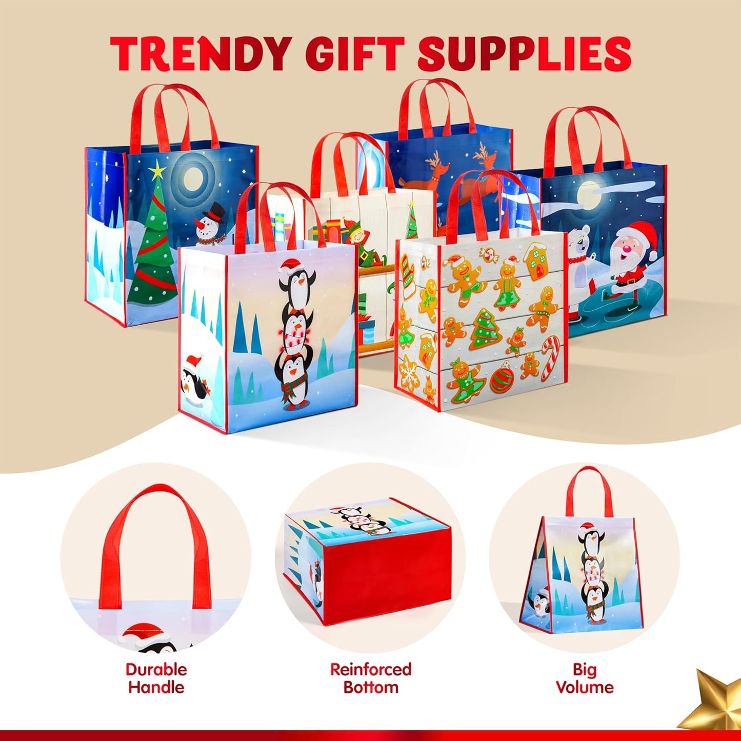 JOYIN 12 PCS Christmas Large Gift Bags with Handles 13.75" x 14", Non-Woven Tote Bag for Wrapping Xmas Party Favors, Reusable Grocery Bags, Party Supplies