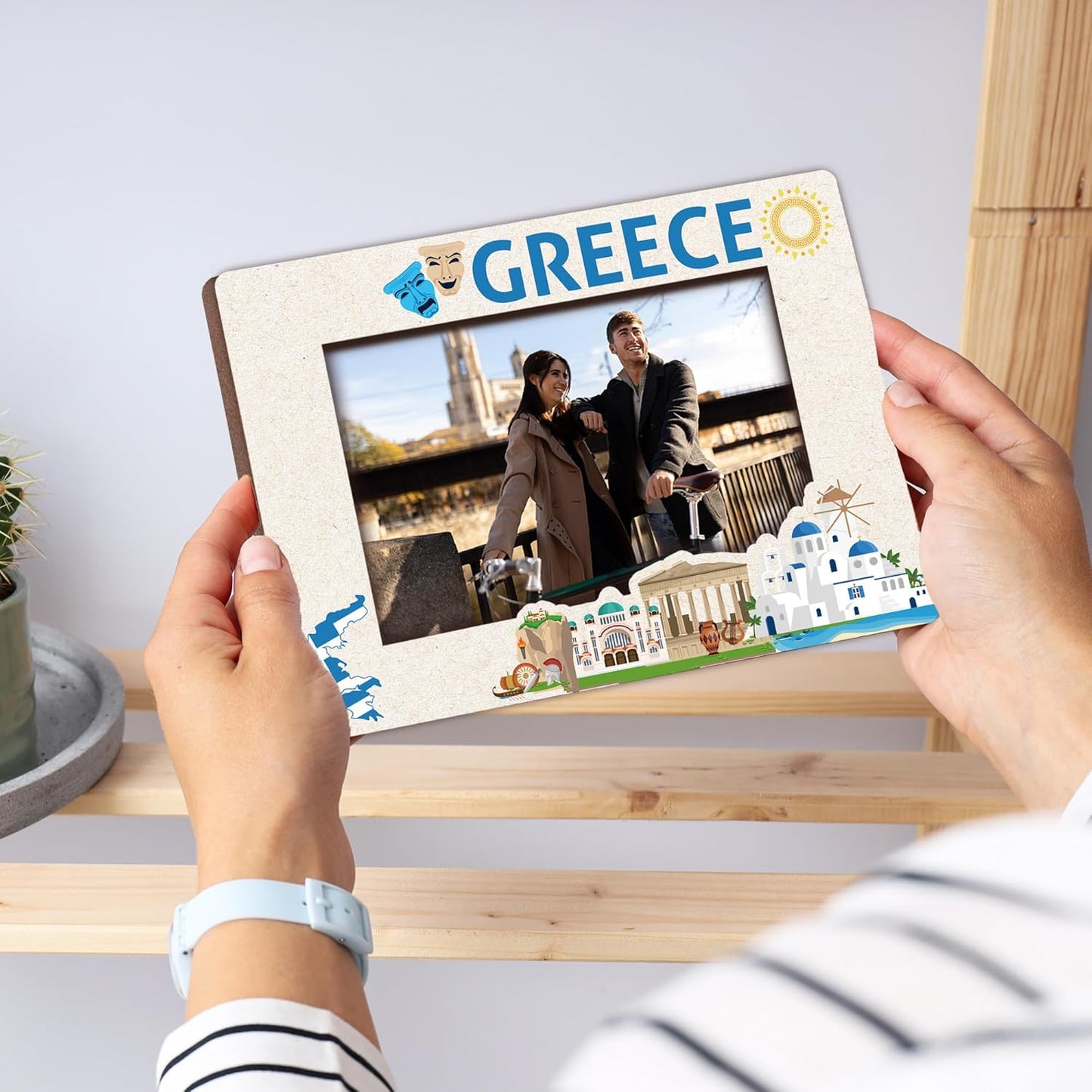 Greece Travel Picture Frame, 5 x 8 Greece Themed Wooden Photo Frame with Stand, Vacation Anniversary Honeymoon Gifts For Friend Family Couples, Home Office Desk Decorations-A15
