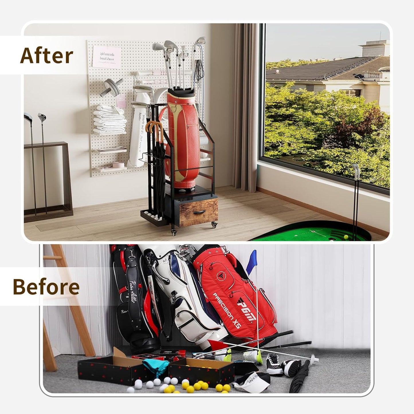 Golf Bag Organizer Rack with Wheels, Golf Storage Organizer for Garage,Golf Stand & Accessories,Brown Garage Organizer Fit Single Golf Bags