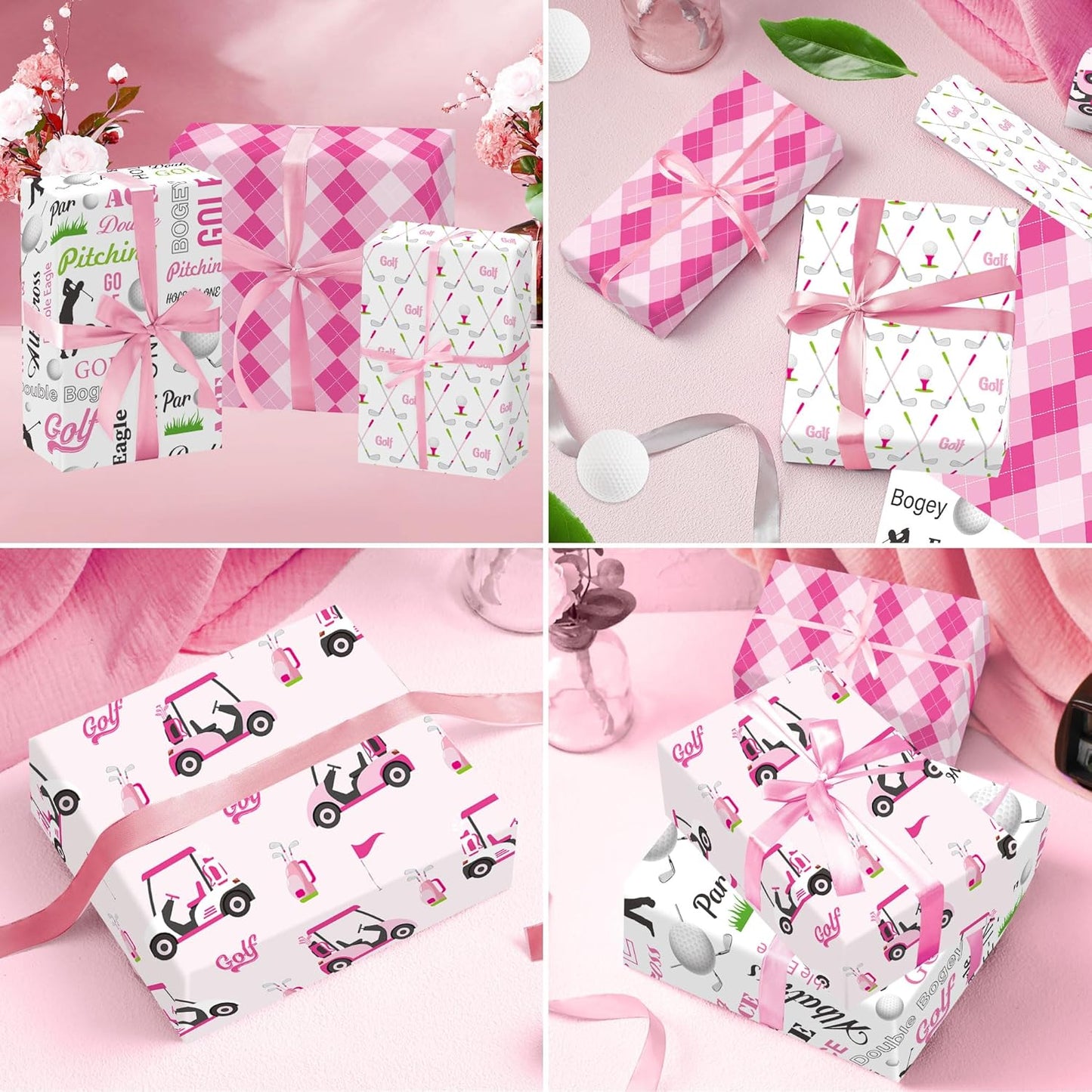 EoBeCy Pink Golf Wrapping Paper for Women Girls, 12 Sheets Folded Gift Wrap with Golf Carts, Clubs, Balls, and Argyle Prints, Sports Wrapping Paper for Birthday Retirement Bridal Shower, 20"×28"
