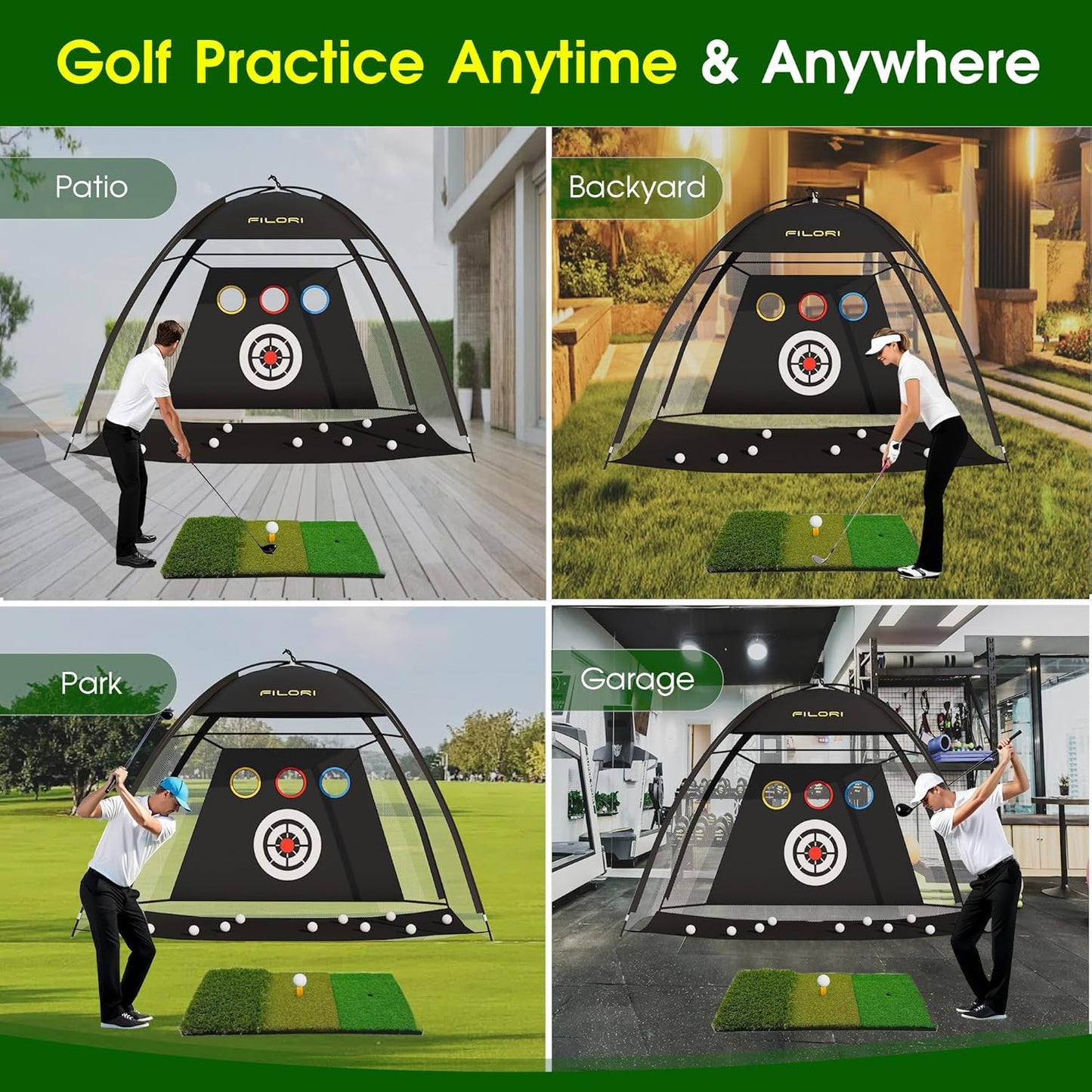 FILORI Golf Practice Net 10x7FT Heavy-Duty Golf Hitting Net with Tri-Turf Mat, 8 Balls, Tee & Carry Bag, Indoor/Outdoor Backyard Training for Driving Chipping Swing, Ideal Gifts for Men Dad Golfer
