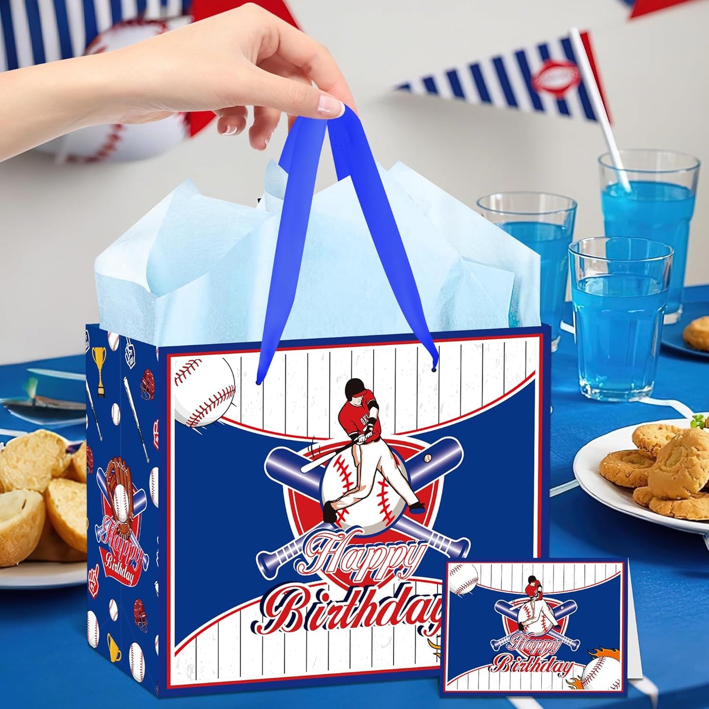 EoBeCy Baseball Birthday Gift Bag with Tissue Paper and Greeting Card, Large Baseball Wrapping Paper Bags, Happy Birthday Gift Wrap Bags for Men Boys Kids Teens Sports Themed Party Favors
