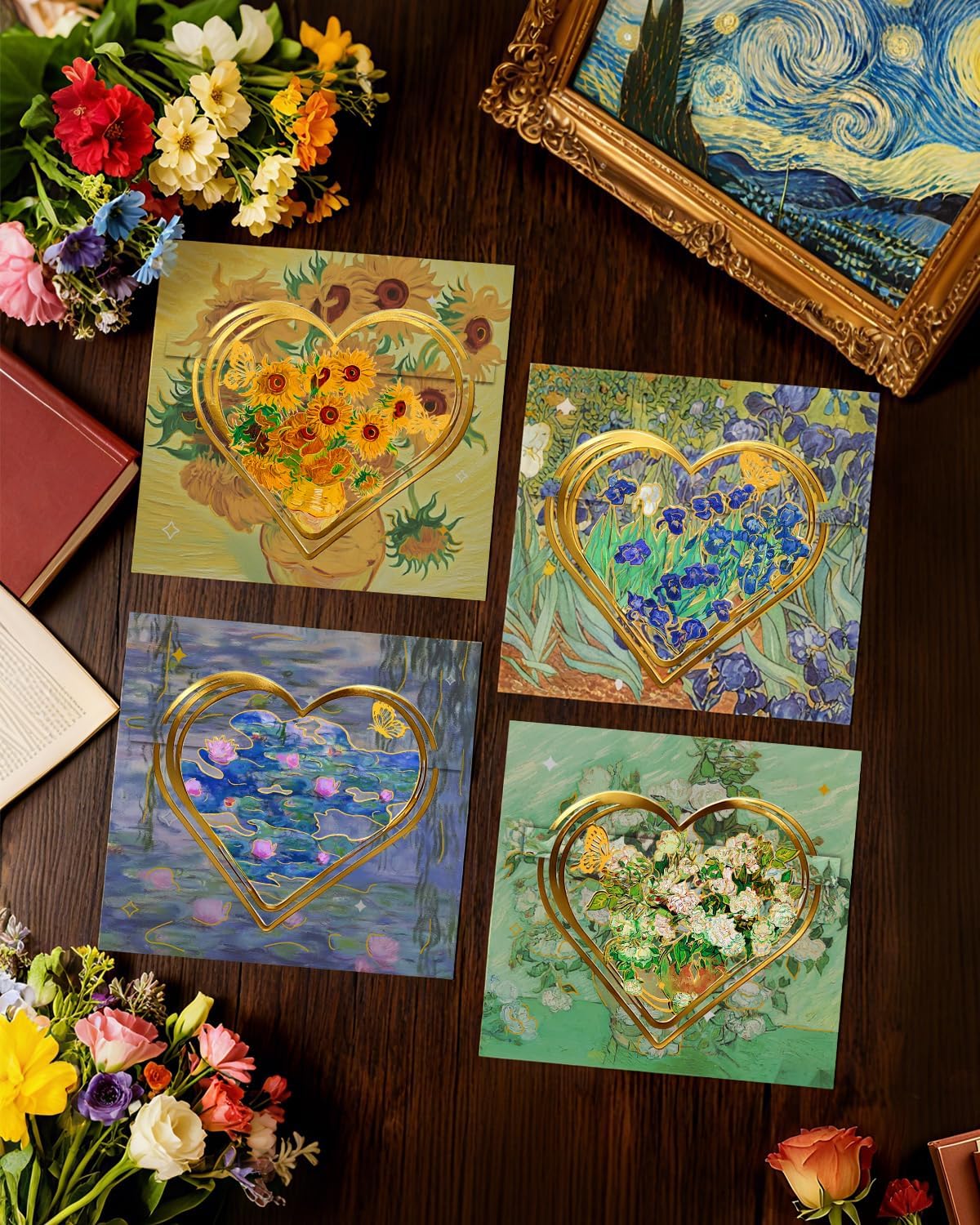 4pcs Metal Clip Heart Bookmarks for Reading Women, Van Gogh Monet Cute Corner Page Book Marks for Book Lovers Teachers Students, Reading Accessories Gifts for Book Lovers