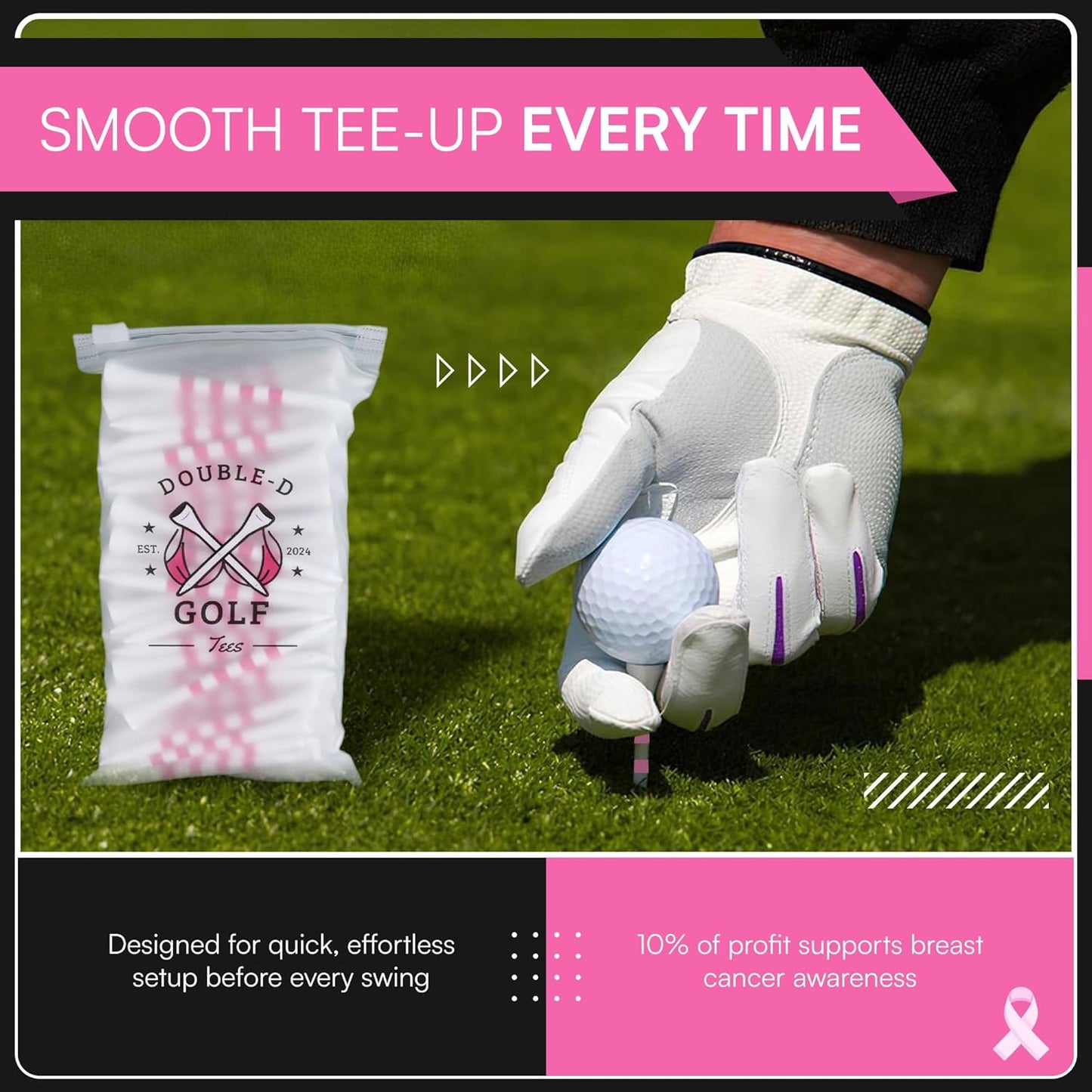 Bamboo Golf Tees Supporting Breast Cancer Research | 10% Profit Donation | Two Size Options (2 3/4" & 3 1/4") | Striped Pink and White | Biodegradable & Eco-Friendly