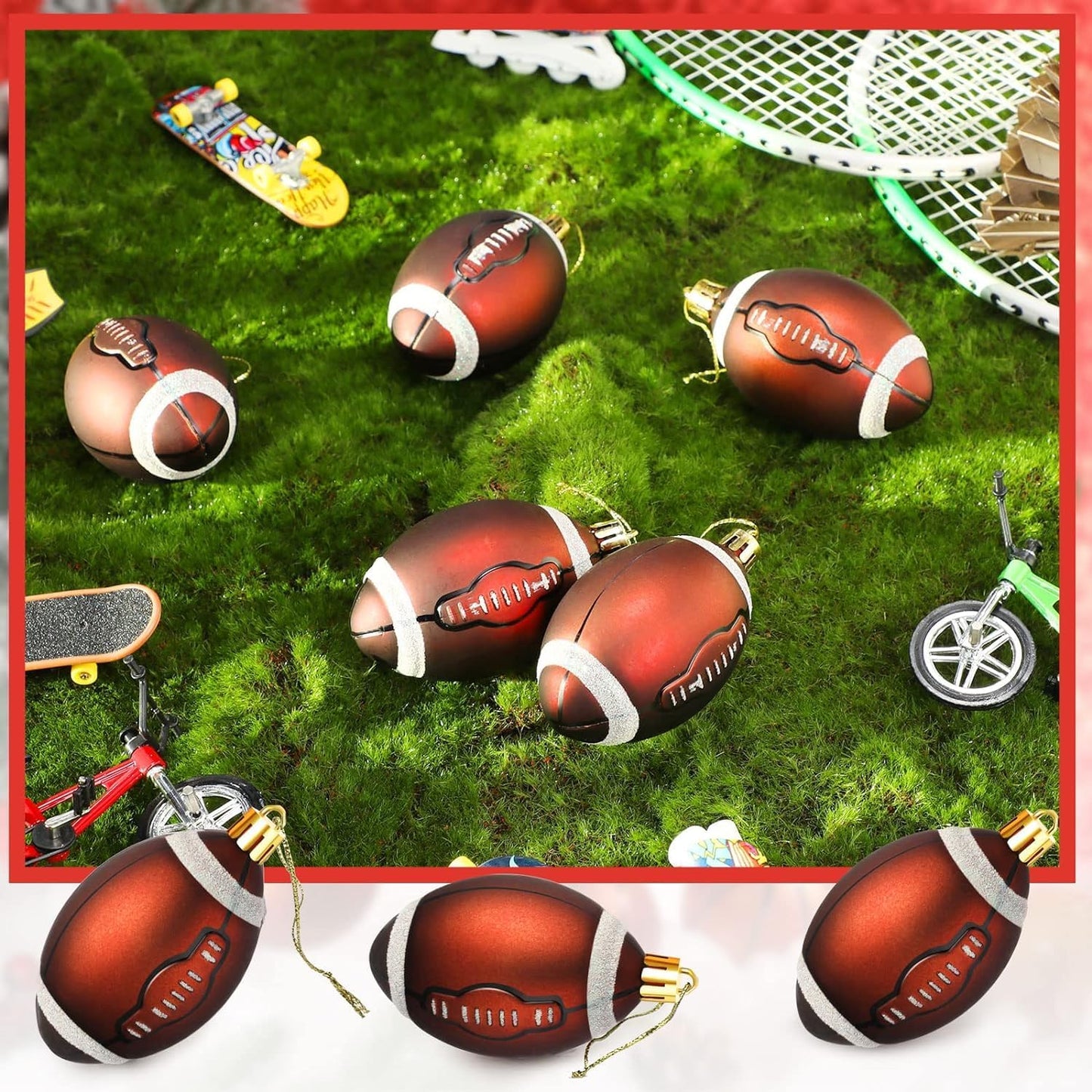 Leitee 12 Pcs Christmas Plastic Football 2.36 Inch Xmas Tree Ornaments with Hanging Loop Sports Theme Decorative Hanging Ornaments for Holiday Party Christmas Tree Home