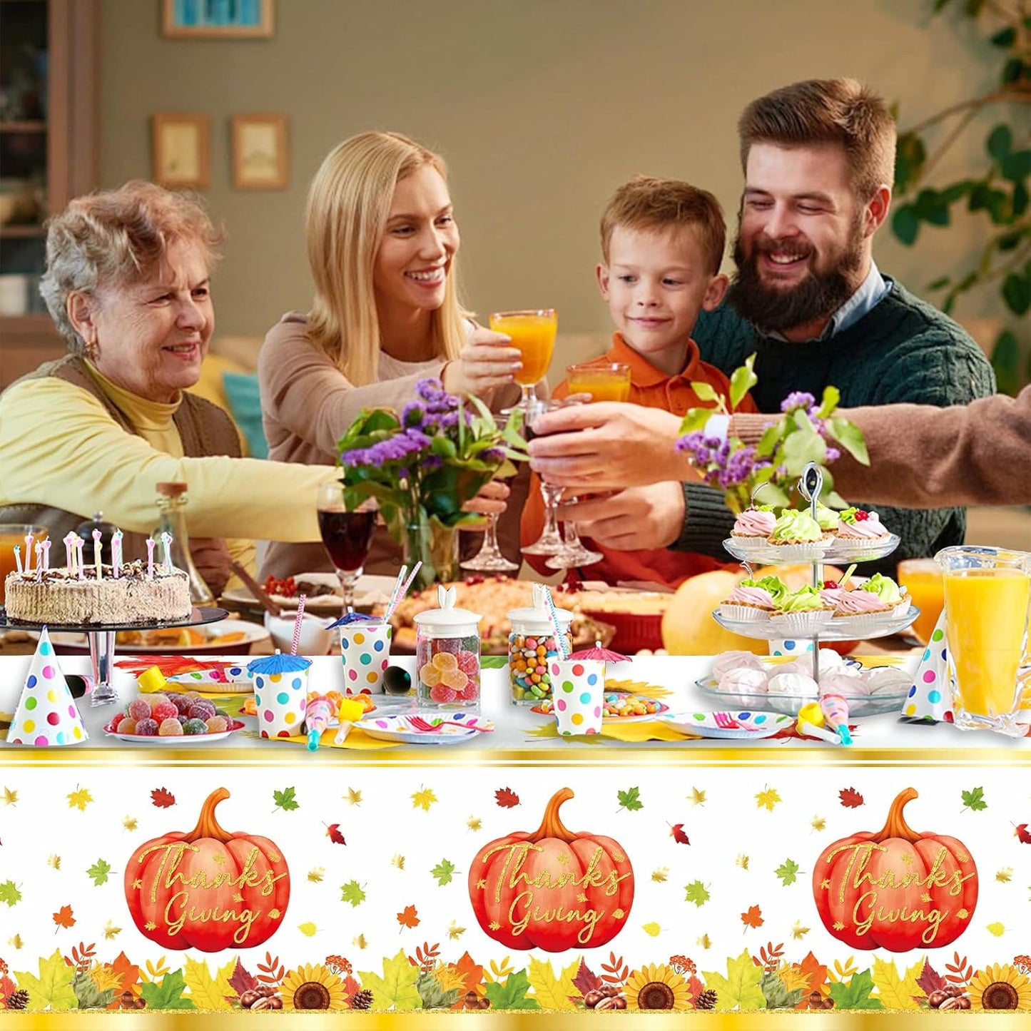 3 Pcs Fall Pumpkin Tablecloths, 54 * 108 Inch Thanksgiving Table Cover, Watercolor Pumpkin Maple Leaf Plastic Tablecloths for Fall Party, Thanksgiving Decorations