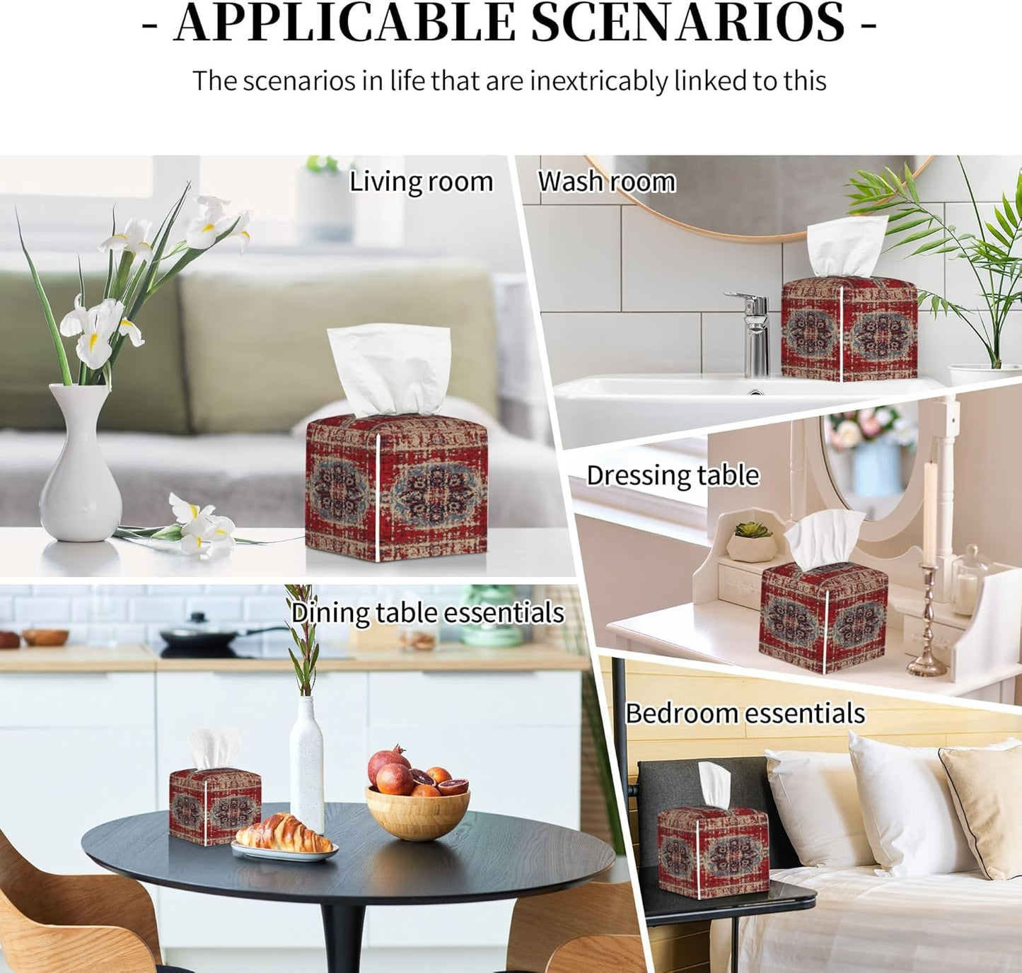 Tissue Box Cover Square, Vintage Boho Carpet Rug Leather Tissue Box Holder Decorative Organizer for Bathroom, Home Office Car Decor