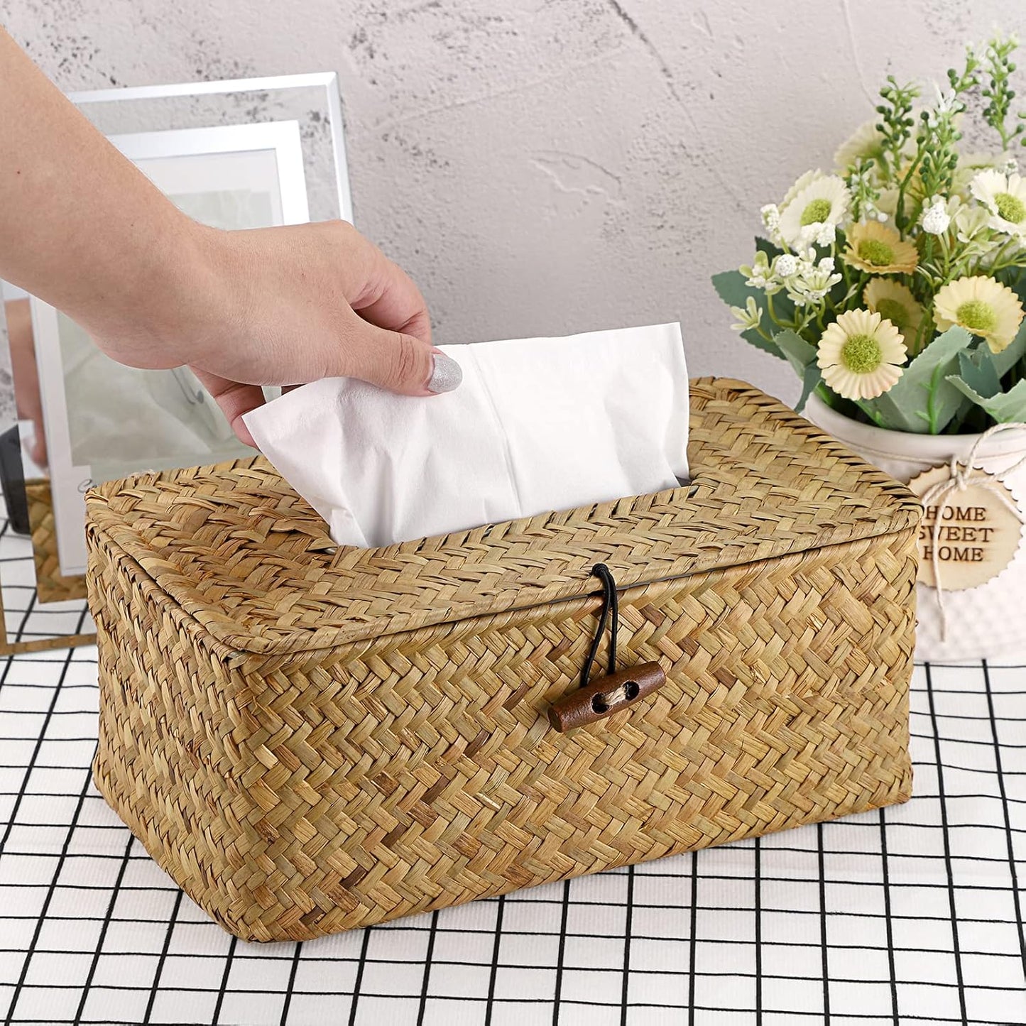 Sumnacon Tissue Box Cover Rectangle Tissue Box Seagrass Tissue Box Holder Woven Tissue Holder Decorative Tissue Cover for Bathroom Tissue Box Cover Rectangular for Home Office Table Yellow