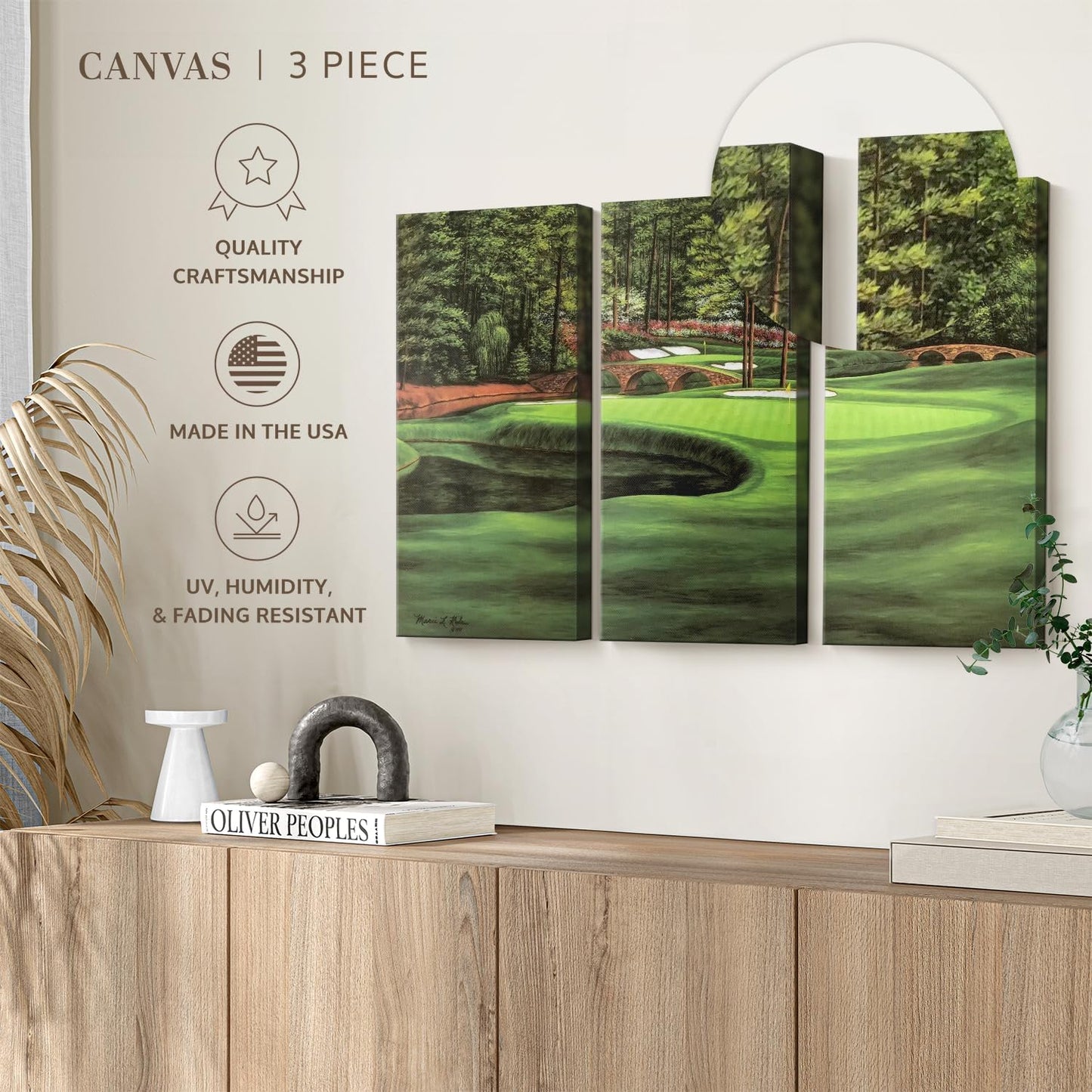 ElephantStock Augusta National 11th Hole I Wall Art - Horizontal Canvas - 3-Piece Living Room Wall Decor - Painting Sports Canvas Print - Green and Brown Decor for Wall by Marci Rule - 65" X 42"