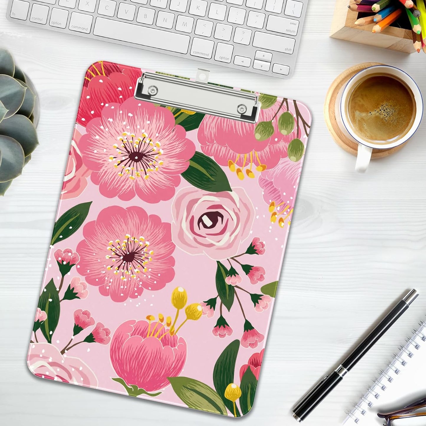 Rimilak Plastic Clipboards with Metal Clip, A4 Letter Size 9 x 12.5 in, Office Decorative for Students Women Men and Kids, Cute Custom Pattern, Pink Flower