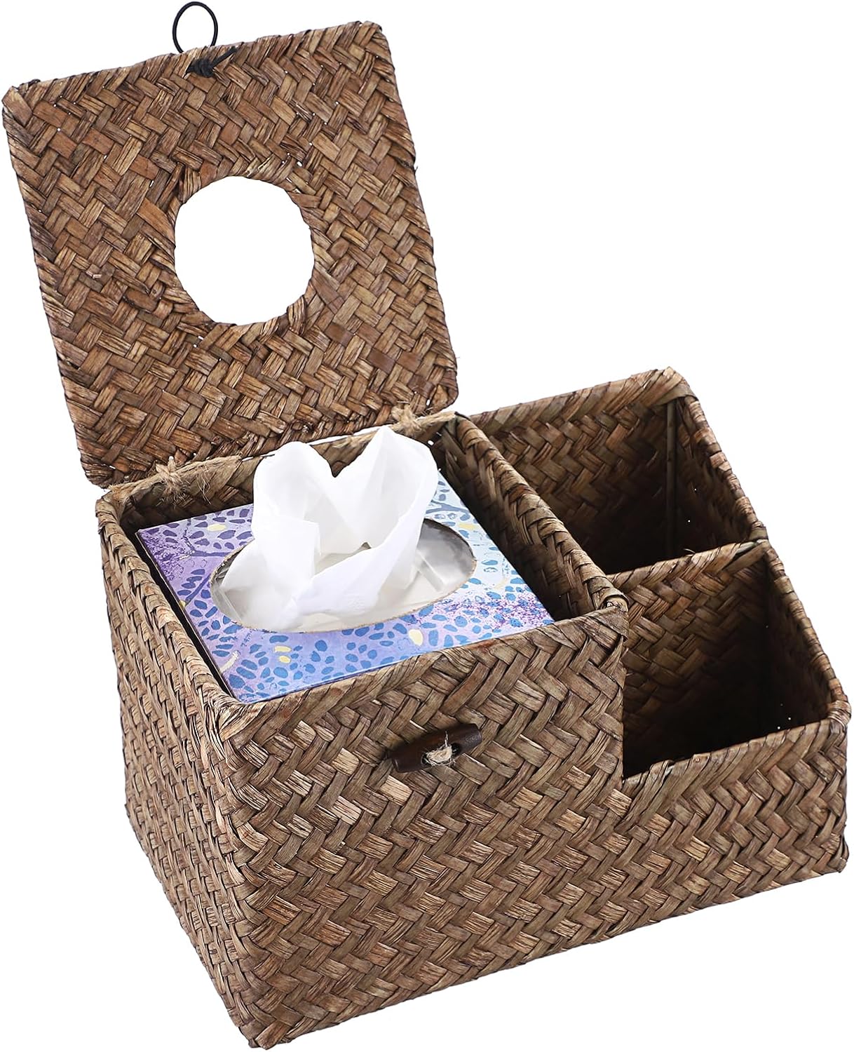 Sumnacon Square Woven Tissue Box Cover - Decorative Cube Tissue Box Holder with Side Organizer, Rustic Seagrass Tissue Box for Living Room Vanity Night Stand Table Countertop Office,Coffee