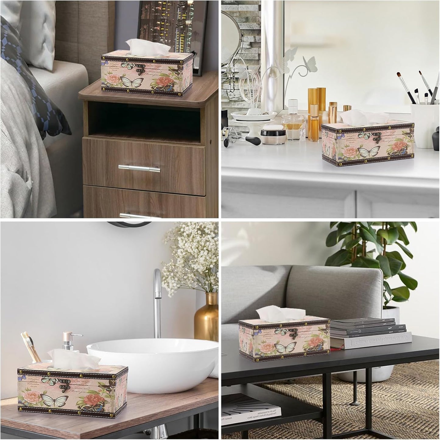 Sumnacon Tissue Box Cover Rectangle Tissue Box with Lid,Wood Tissue Box Holder with PU Cover and Vintage Pattern,Retro Tissue Cover for Bathroom Toilet Living Room Table Desk Office Car Decor, Pink