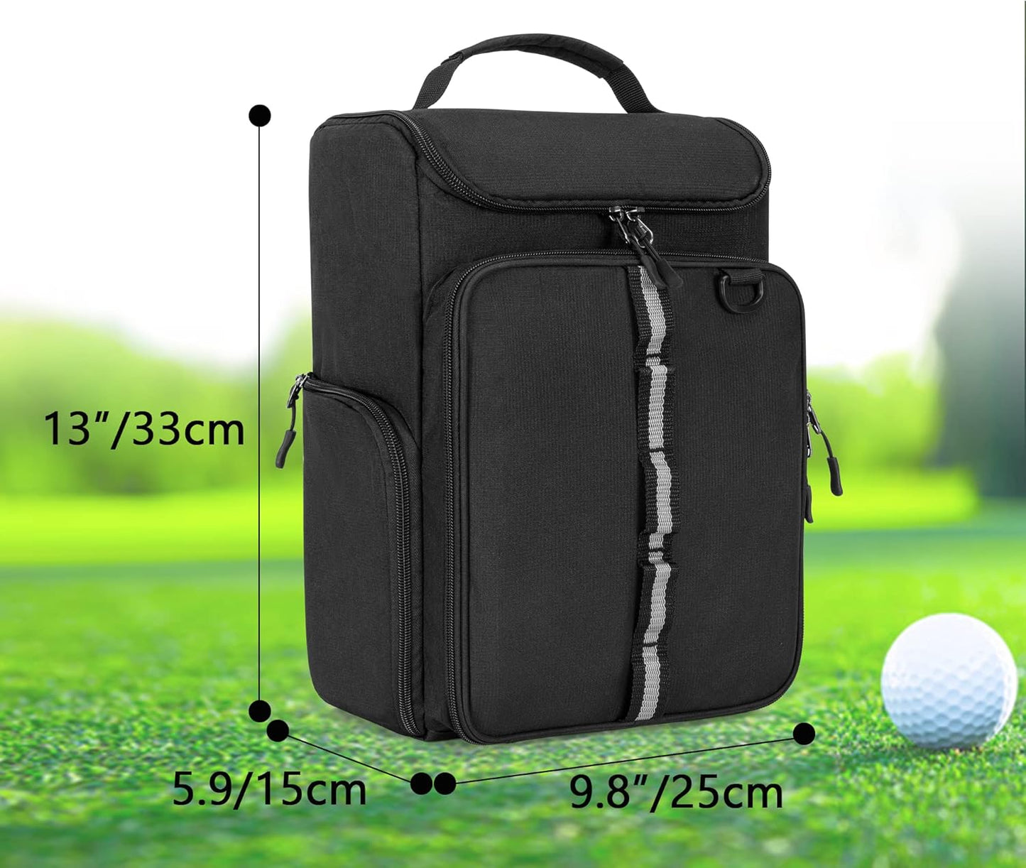 Golf Shoe Bag Holds A Pair of Shoes US Mens 14, Golf Shoe Carrier with Free Gloves Holders (A Pair), Front and Side Accessory Pockets for Tees, Gloves and Ball, Black