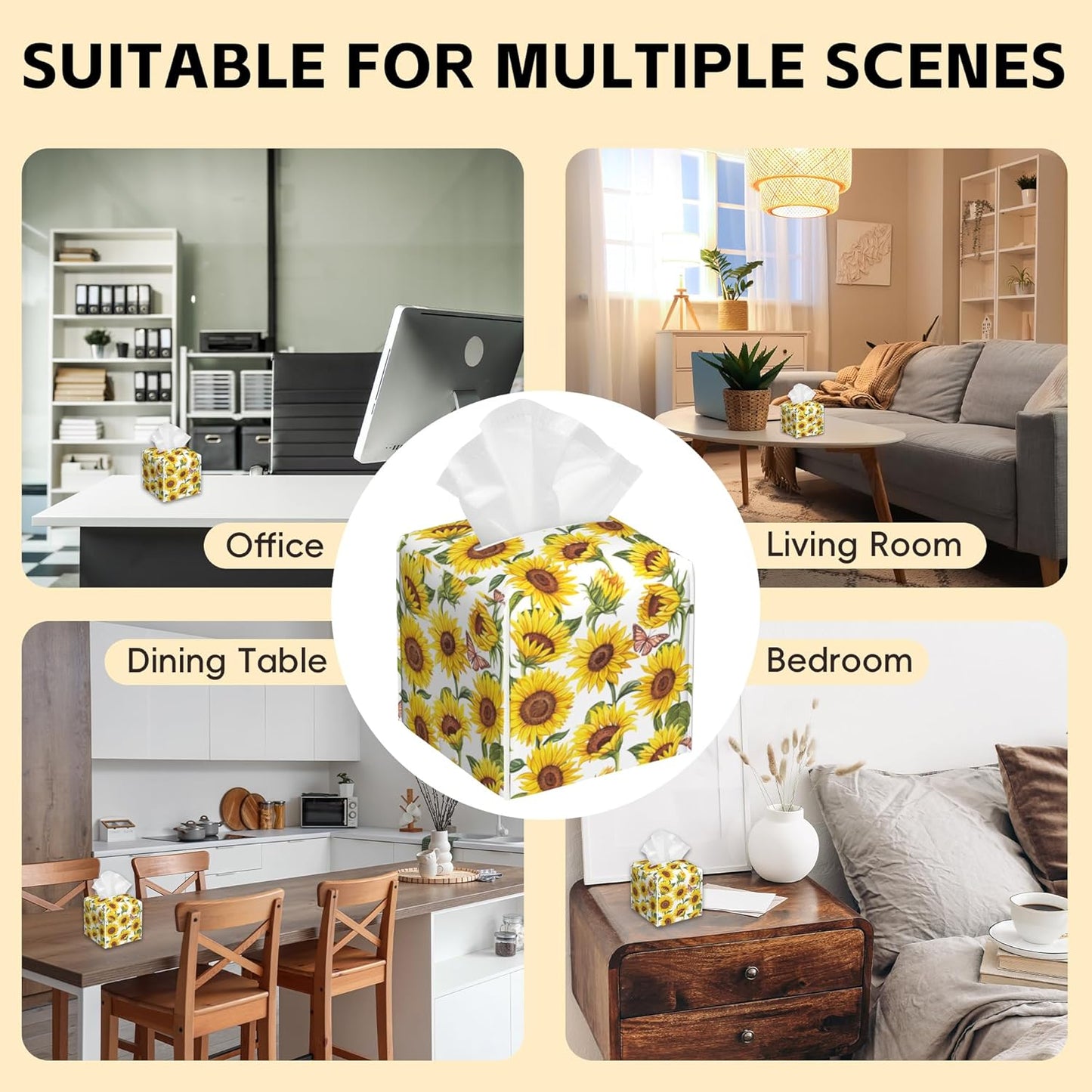 Tissue Box Cover Square,Sunflowers and Butterfly Tissue Box Holder Waterproof Leather Facial Paper Case Modern Home Decoration for Bedroom Dresser Night Stand Office Desk