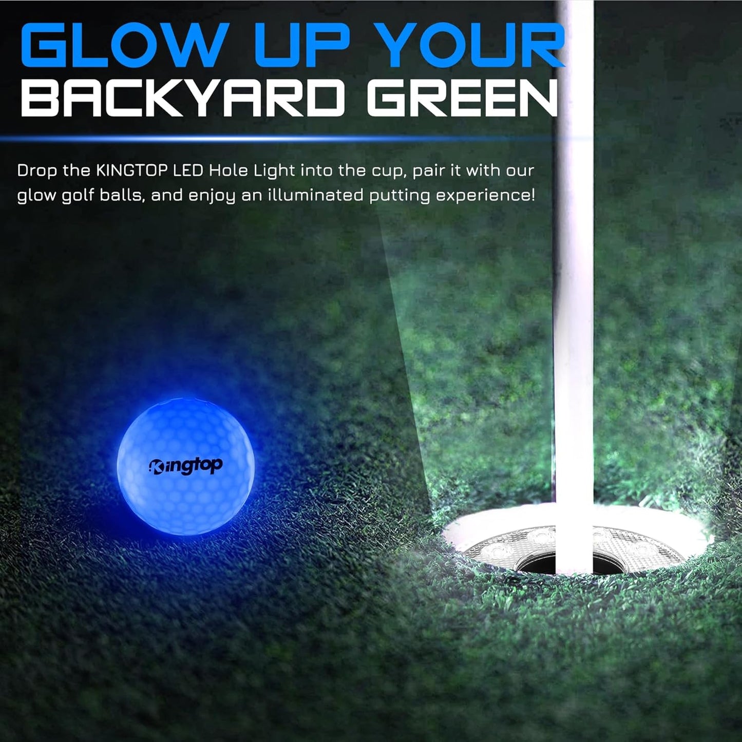 KINGTOP LED Golf Hole Light with Anti-Glare Lens - Battery Operated, Glow in The Dark Putting Cup Lights, Ideal for Night Golf, Backyard Practice Putting Green & Golf Parties
