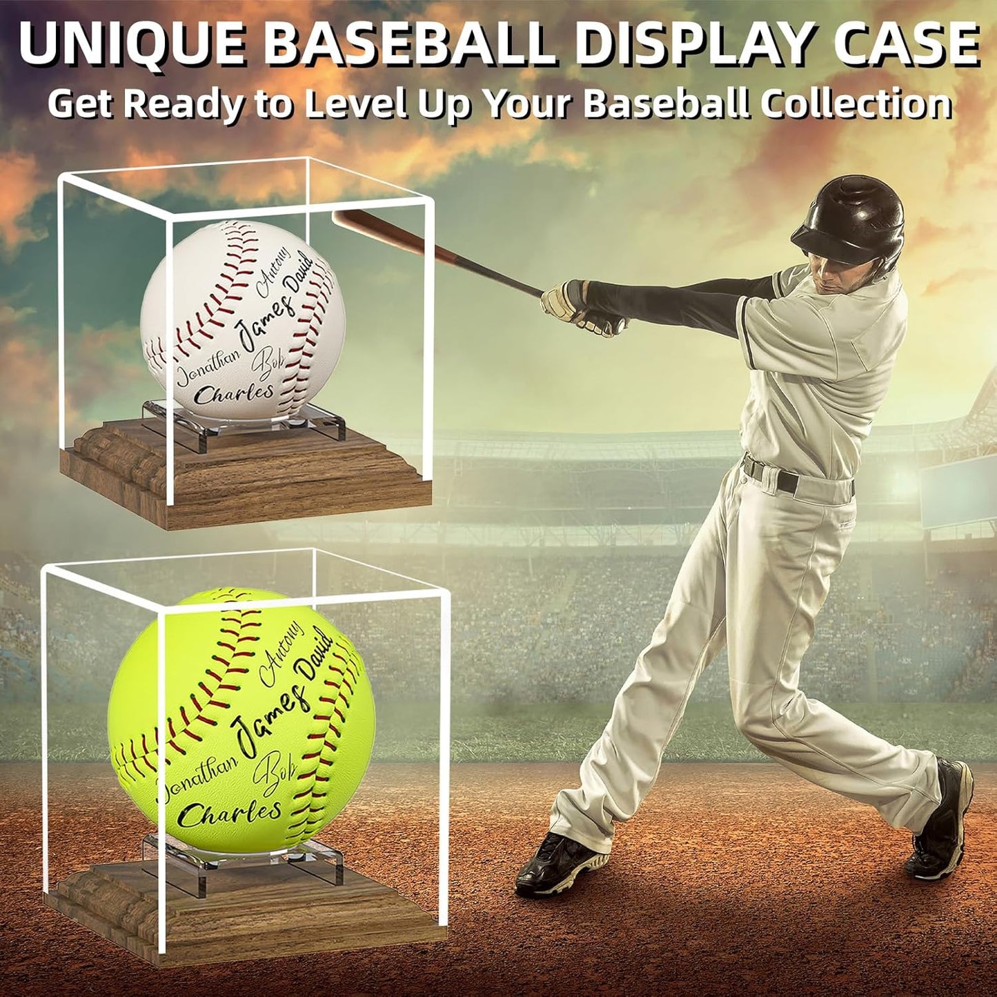 Baseball Case Display for Balls Walnut Wood Base Acrylic Baseball Display Case Baseball Holder Stand Cube Memorabilia Showcase Autograph Ball Protector for Official Size Ball Display