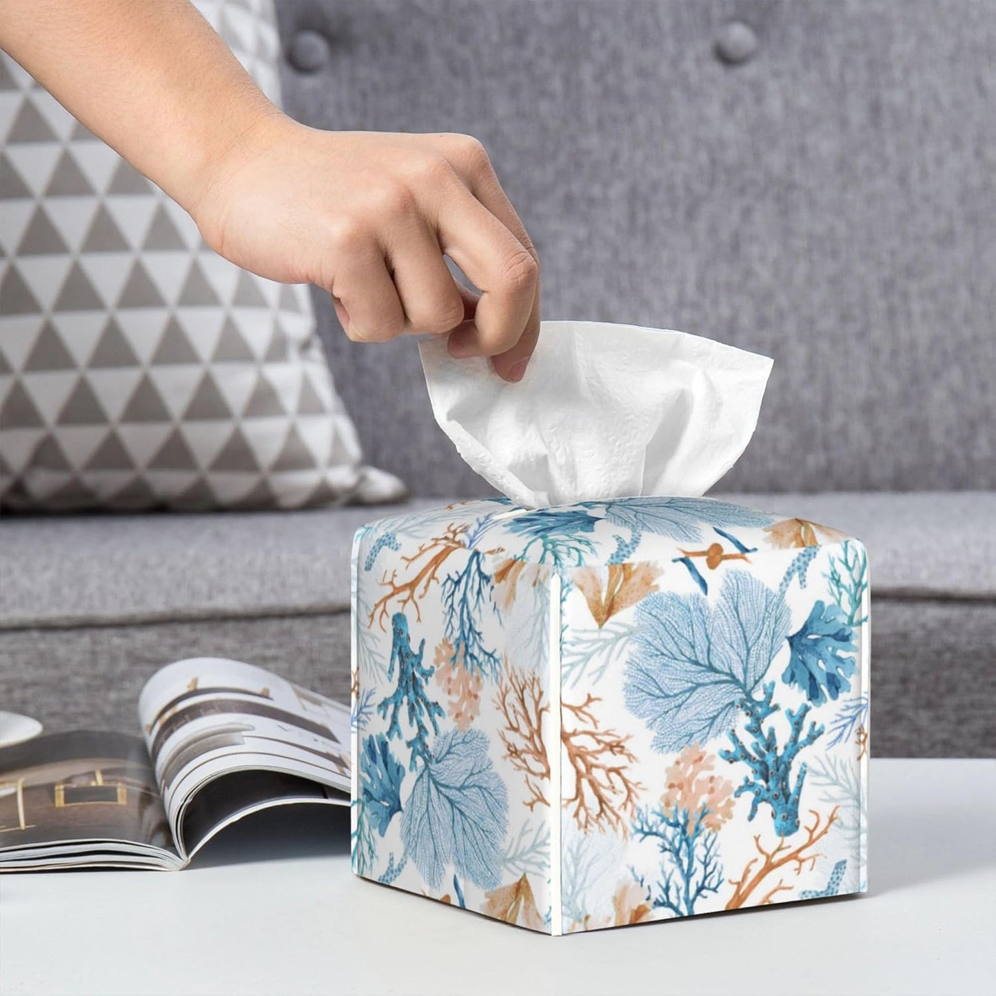 Tissue Box Holder Watercolor Blue Corals Tissue Box Cover Square Leather Tissue Holder Organizer Portable Decorative Facial Paper Case for Home Office Bathroom Vanity Countertop