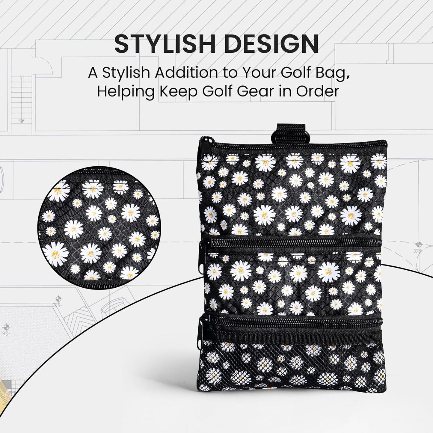 FINGER TEN Golf Pouch Bag for Valuables Tee Color with 4 Golf Pencil Pack, Zippered Pocket Gear Clip Hook to Bag