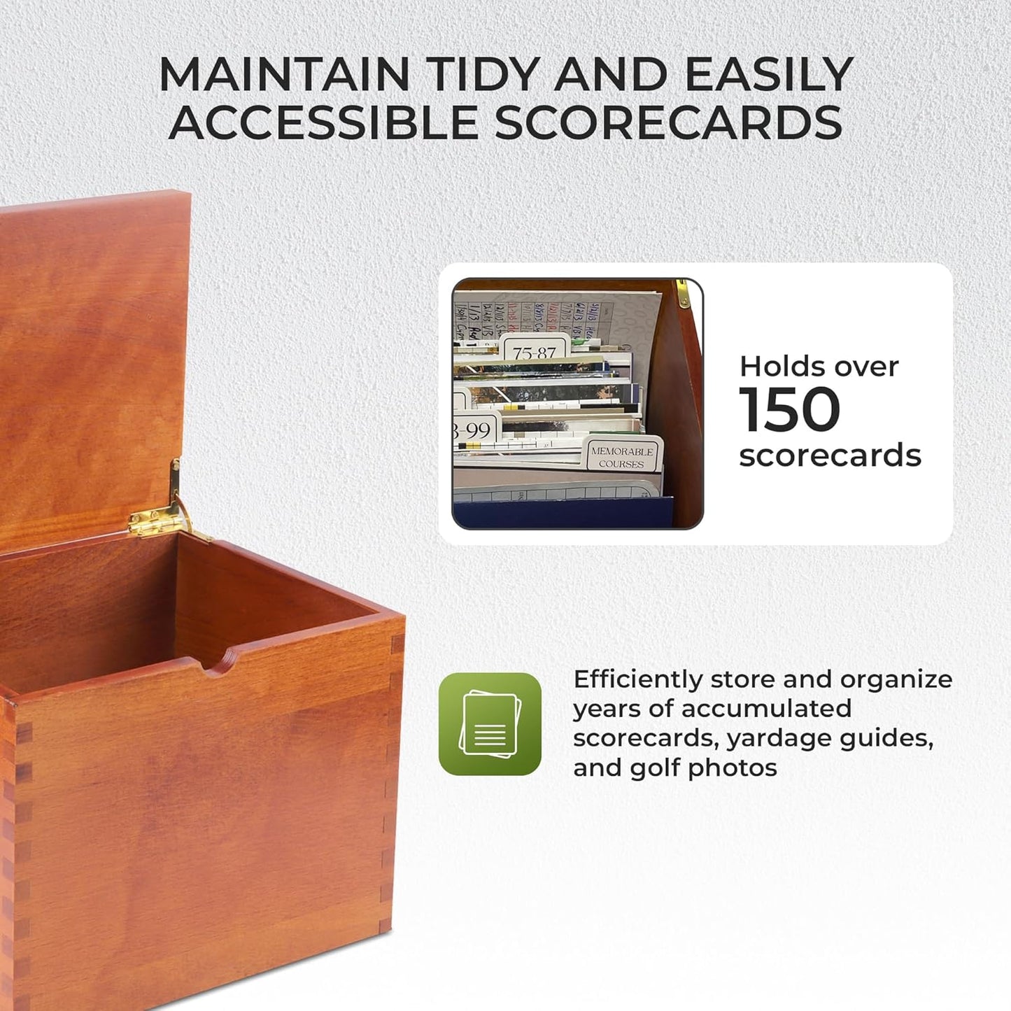 Golf Scorecard Keeper - Storage Box Organizer for Scorecards Photos and Accessories | Comes with 10 Dividers and 2 Score Logs - Display Golf Score Card Collection Neatly - Great Gift for Golfers
