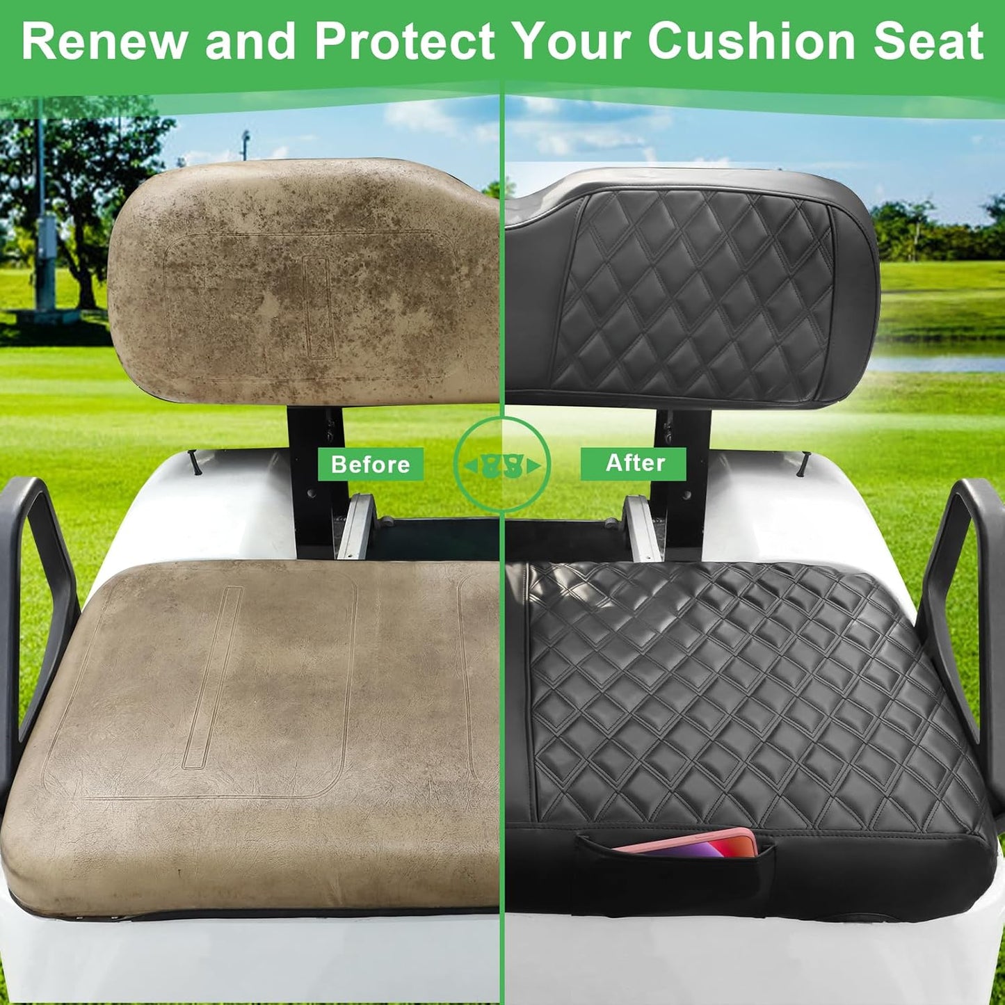 EZGO TXT Seat Cover, Golf Cart Front Seat Covers Set Fit for EZGO TXT 1994-2013 OEM Ordinary Seat Cushion, Thick Vinyl Leather Comfortable/Breathable, No Need Any Tools or Detaching Armrests