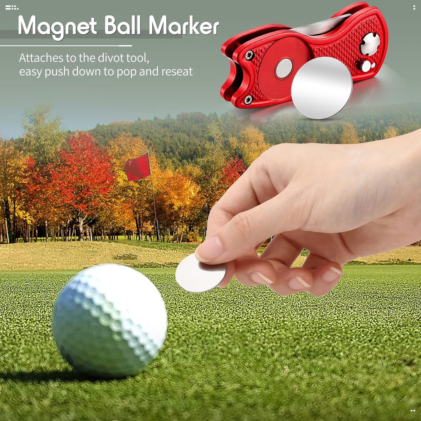 Skylety 4 Pcs Golf Divot Repair Tool Metal Foldable Golf Divot Tool with Magnetic Pop-up Button Ball Marker Stainless Steel Switchblade for Golfers Prizes