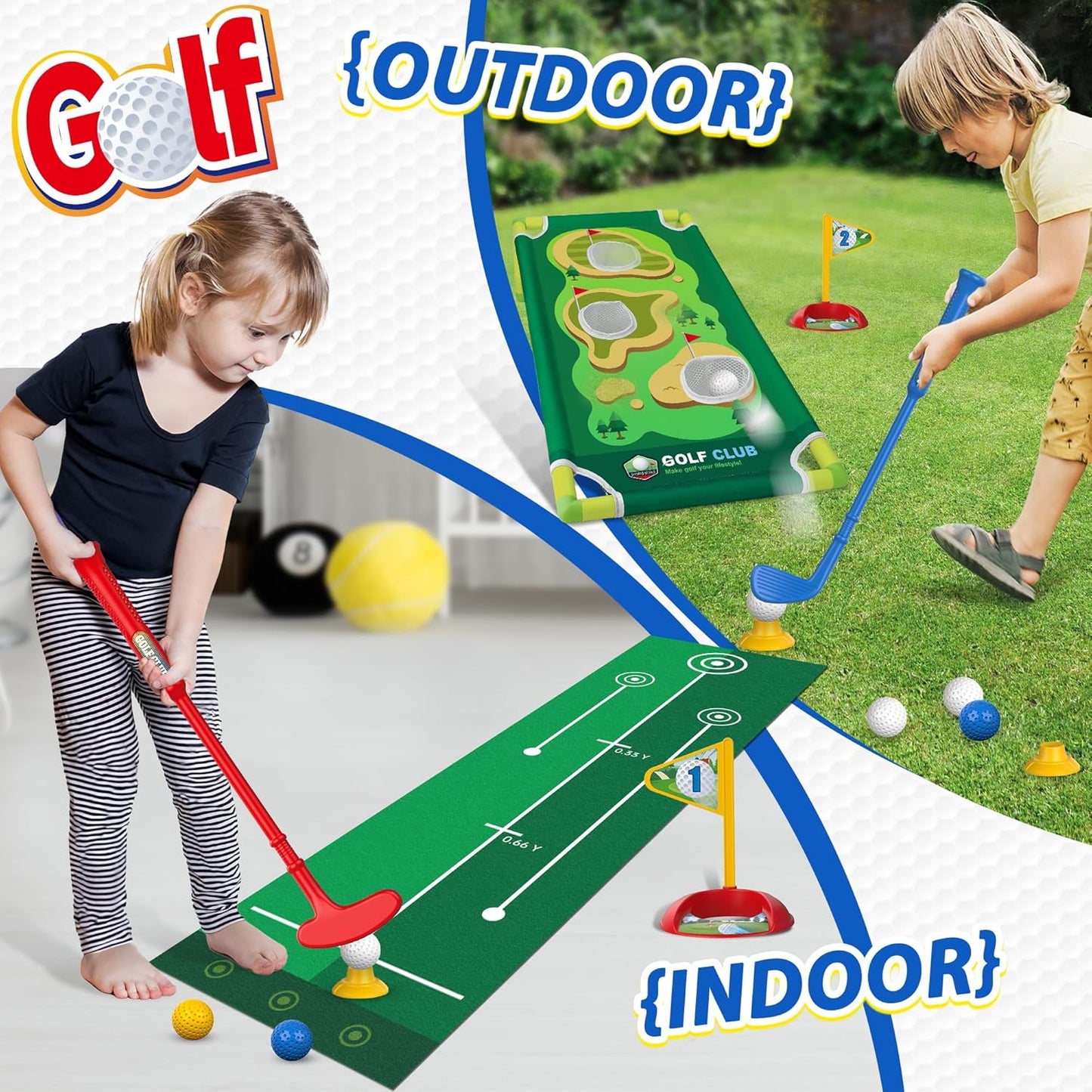 Liberry Toddler Golf Set for 2 3 4 5 Years Old Boys Girls, Upgraded Kids Golf Cart with Golf Cornhole Board & Putting Mat, Indoor and Outdoor Golf Toys Birthday Christmas Gift