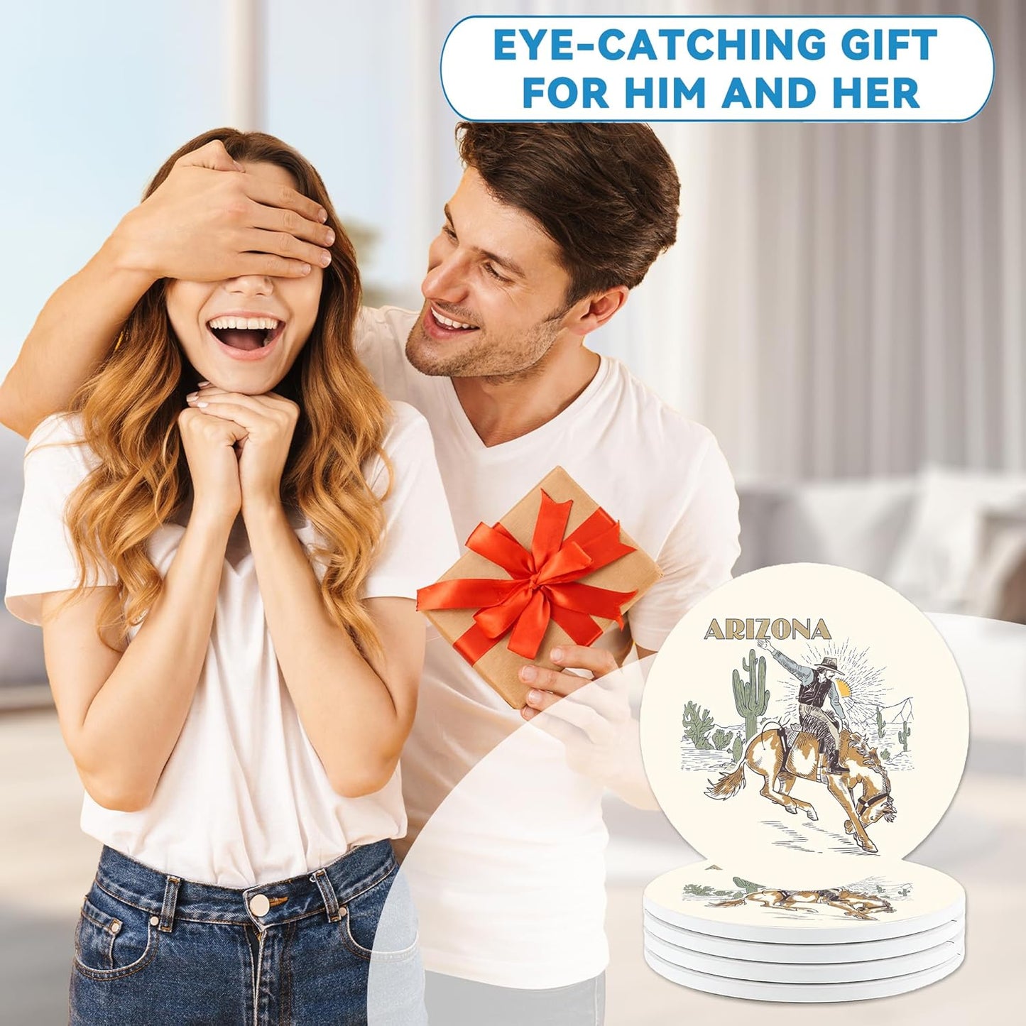 Western Coasters Set of 4, Arizona Cow Boy Coaster with Cork Baking, Absorbent Ceramic Stone Coaster for Table Home Décor, Ideal Gifts for Women Men